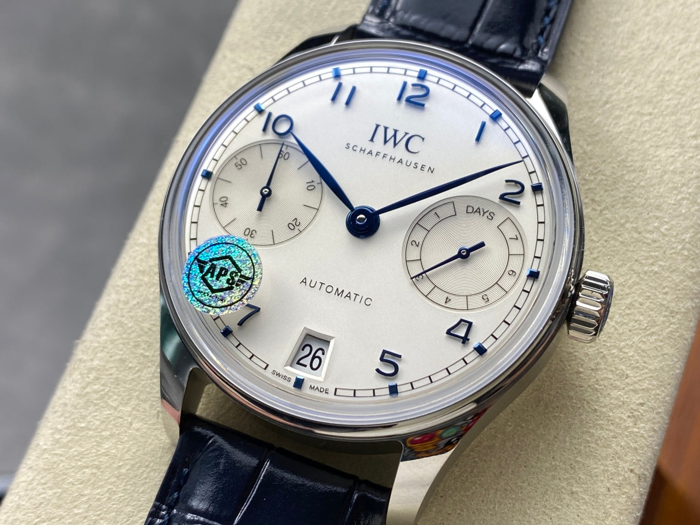 IWC Portuguese 42.4mm Cream Dial Steel Case Navy Blue Leather Strap