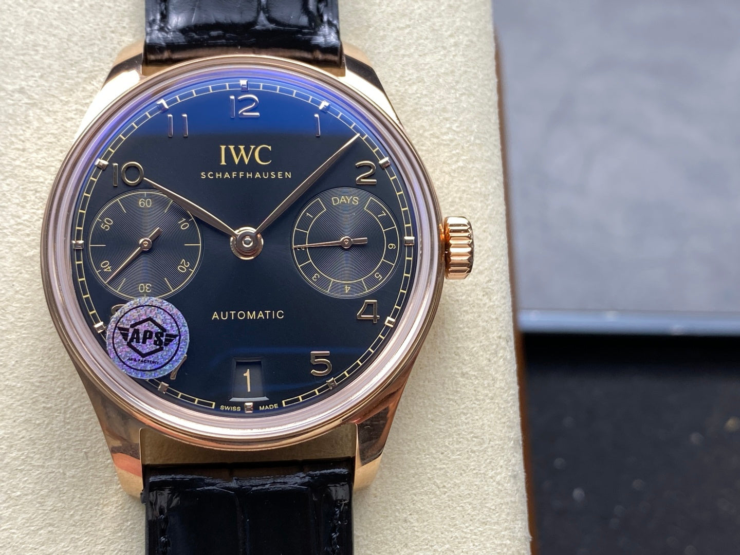 IWC Portuguese 42.4mm Black Dial Pink Gold Case Leather