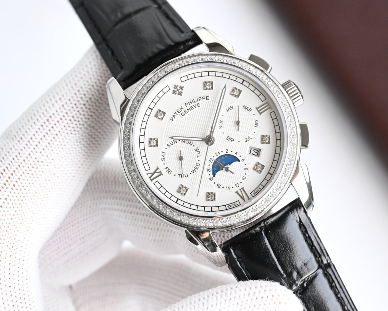 Patek Philippe Annual Calendar 42mm Diamond Benzel Black Leather Strap