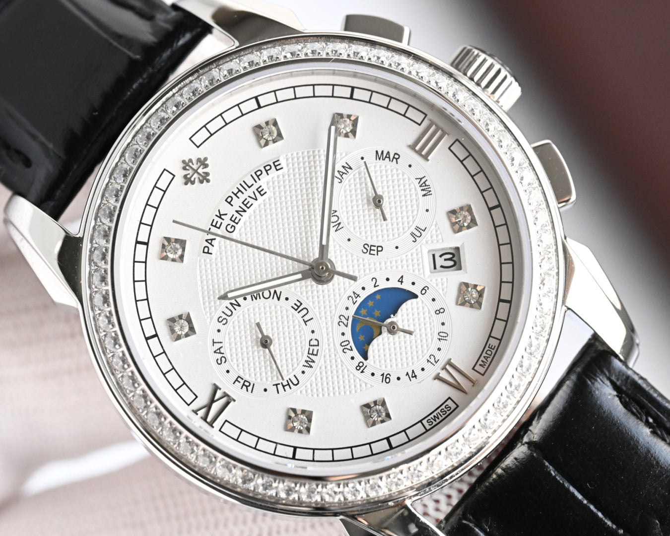 Patek Philippe Annual Calendar 42mm Diamond Benzel Black Leather Strap