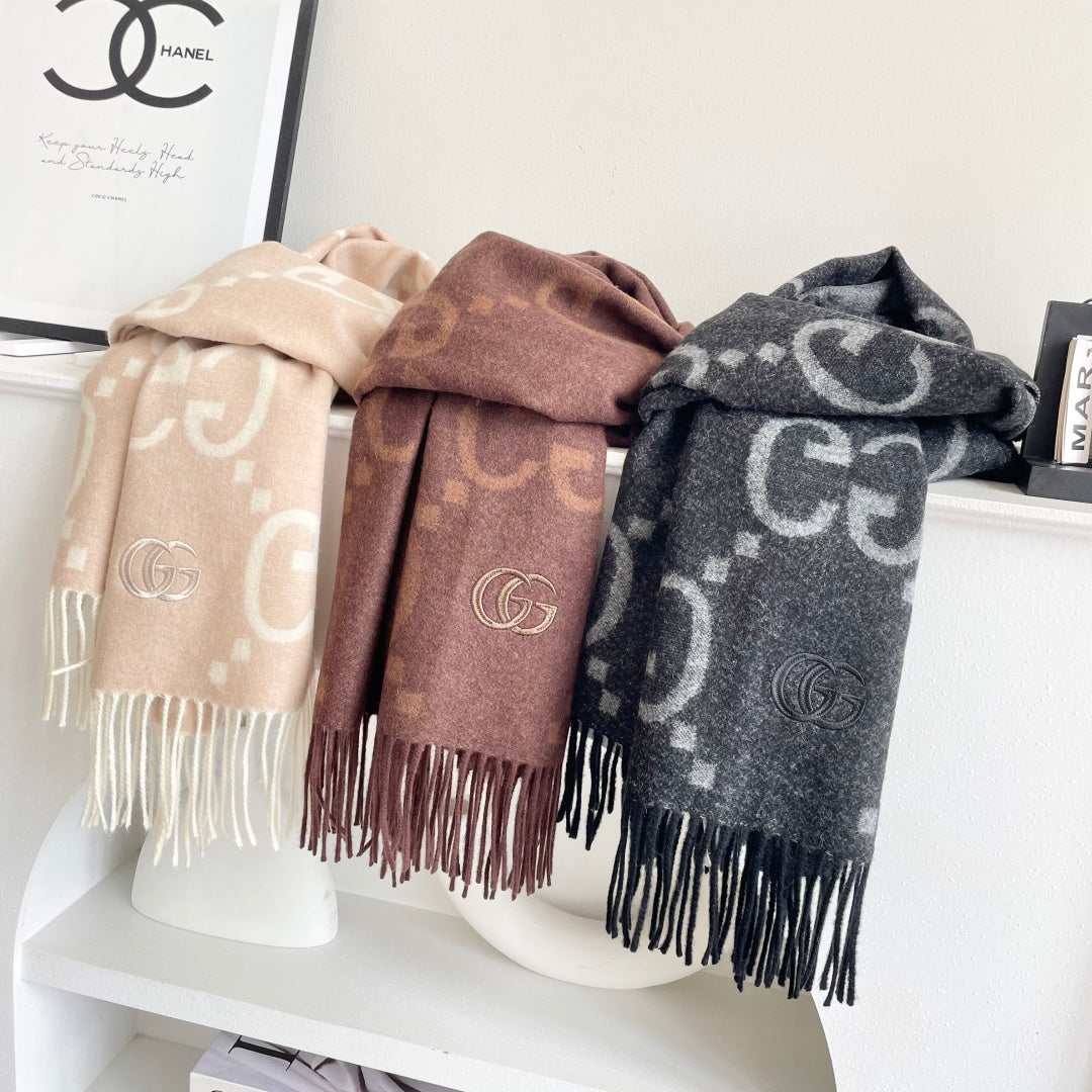 GG Houndstooth Scarf 180CM Brown Cashmere 288179