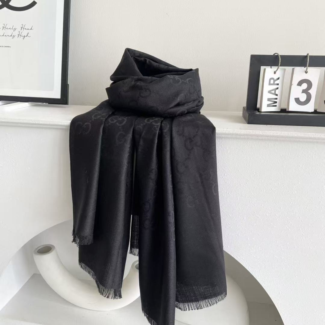 GG Houndstooth Scarf 180CM Black Cashmere 288129