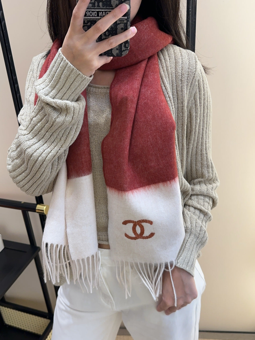 CC 25s Scarf 140cm White Bugundy Cashmere 973343