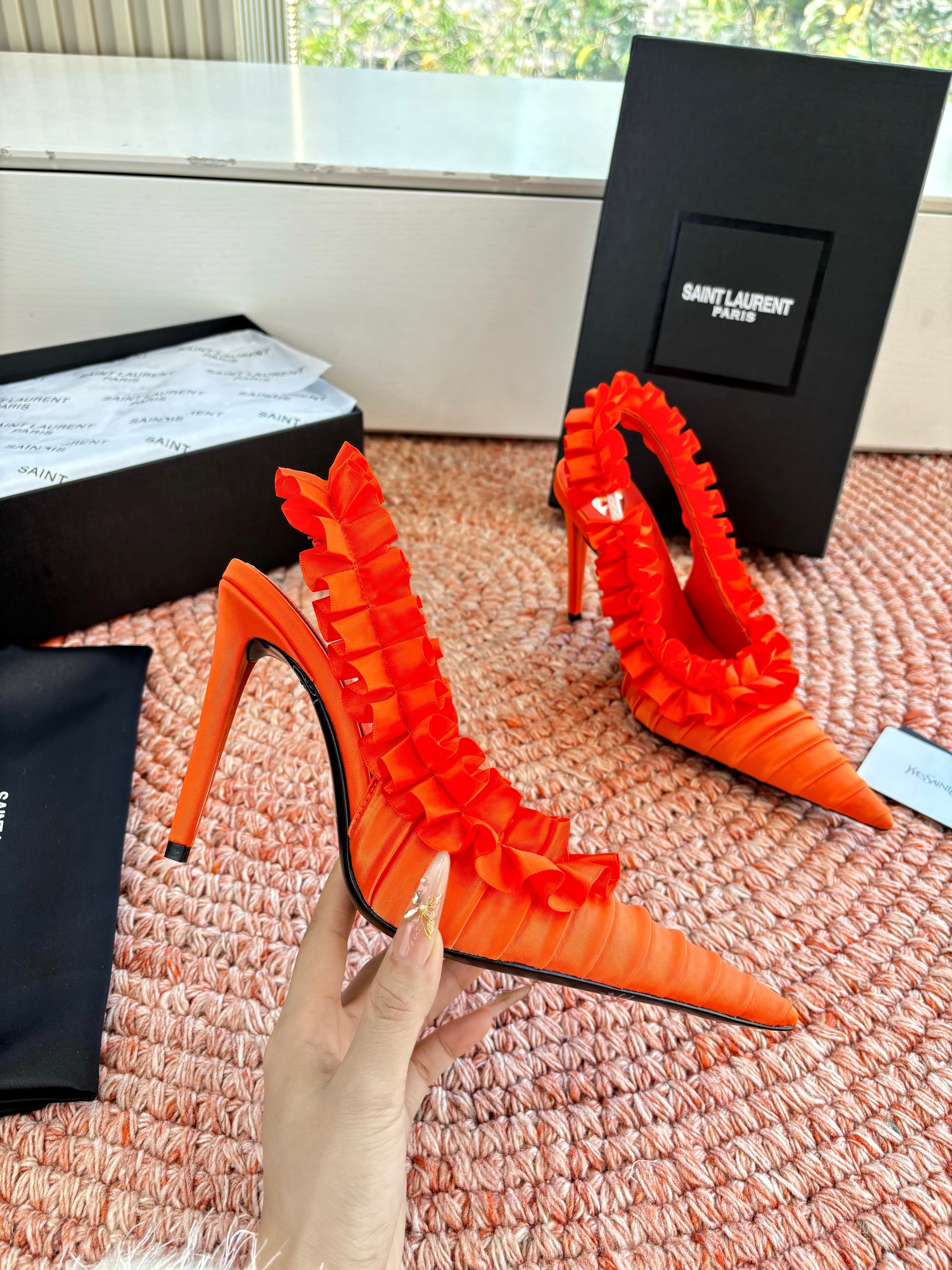 YSL 26ss Slingback Orange Silk Leather 648837