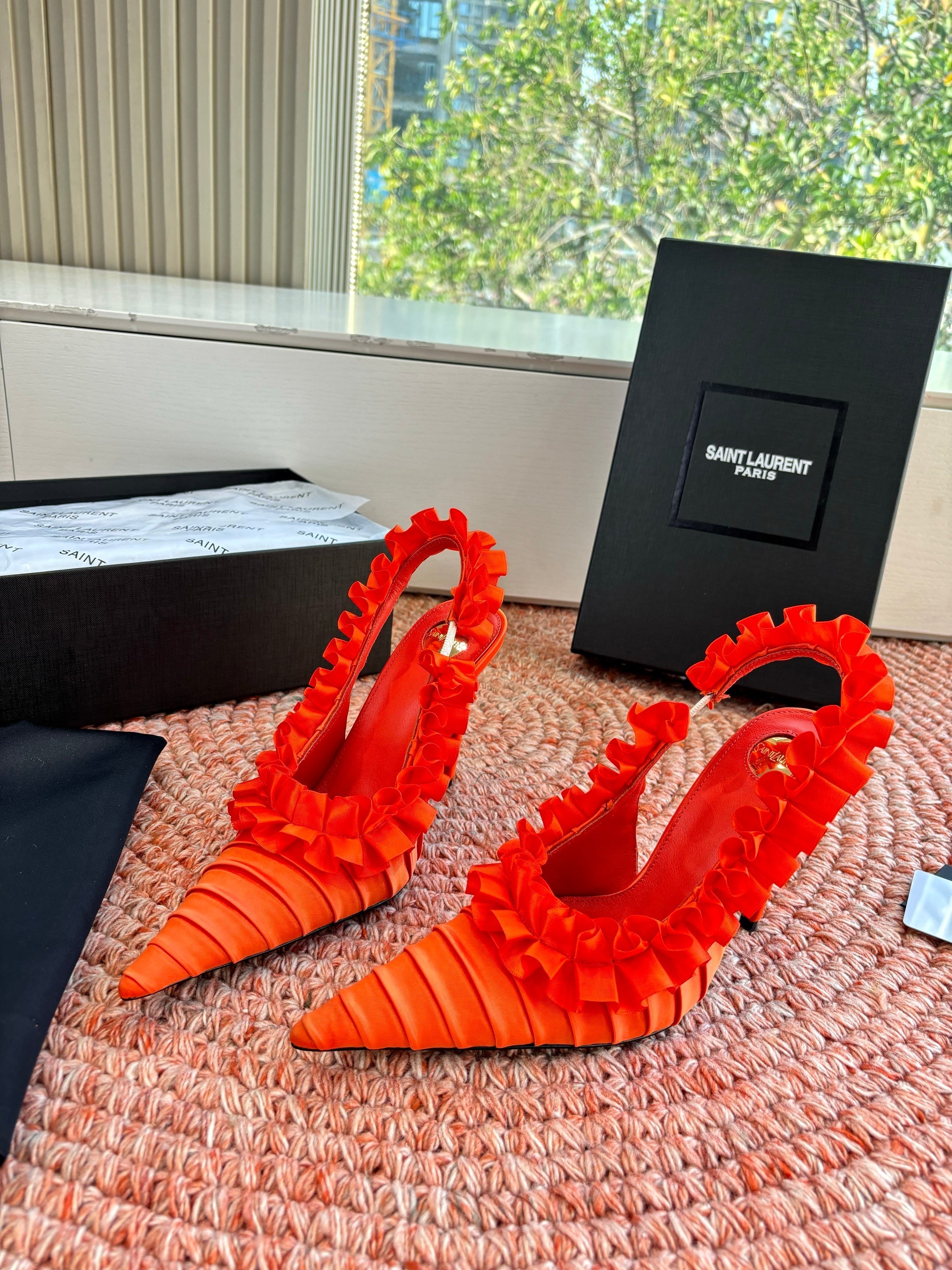YSL 26ss Slingback Orange Silk Leather 648837