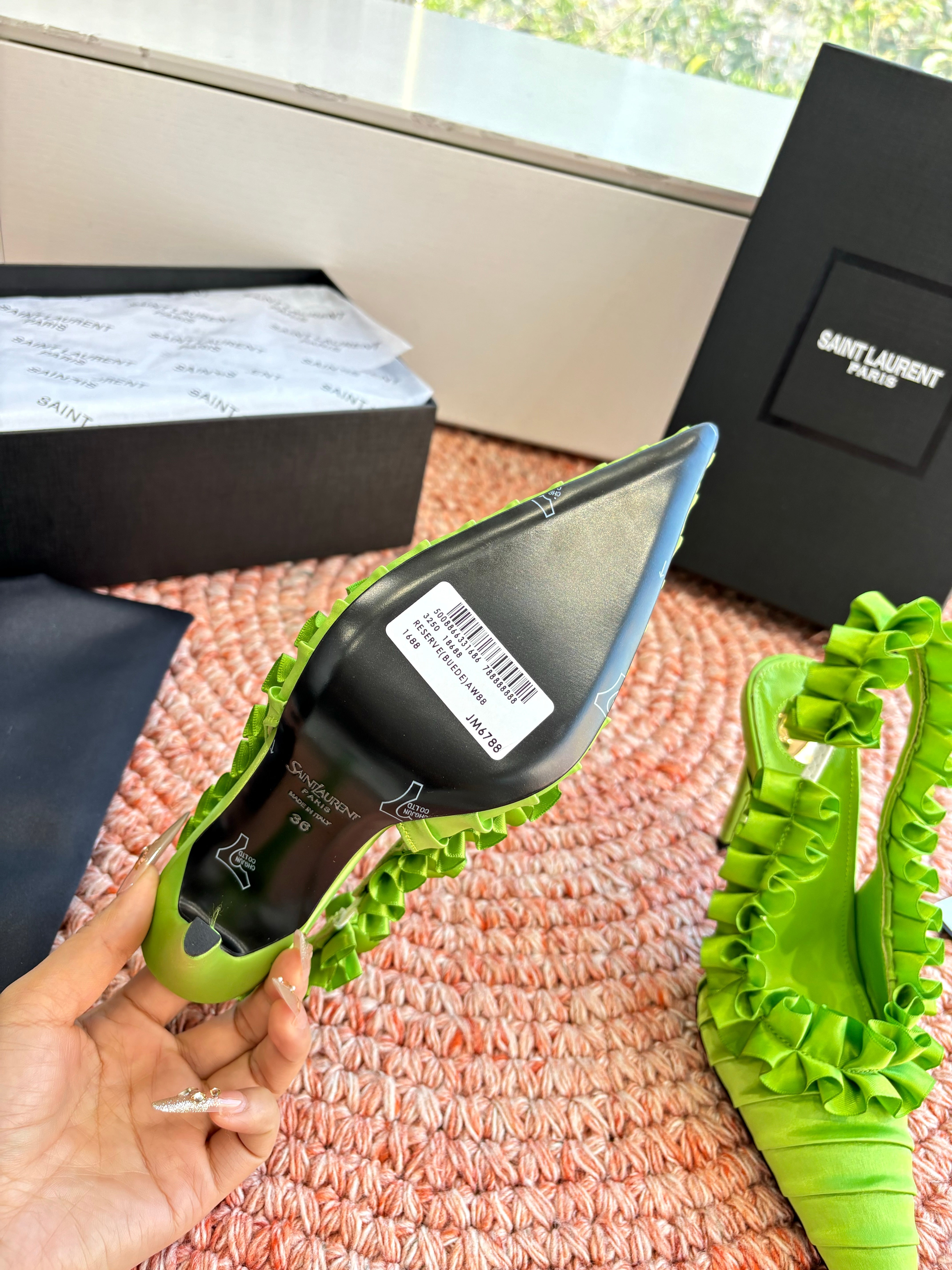 YSL 26ss Slingback Green Silk Leather 648838