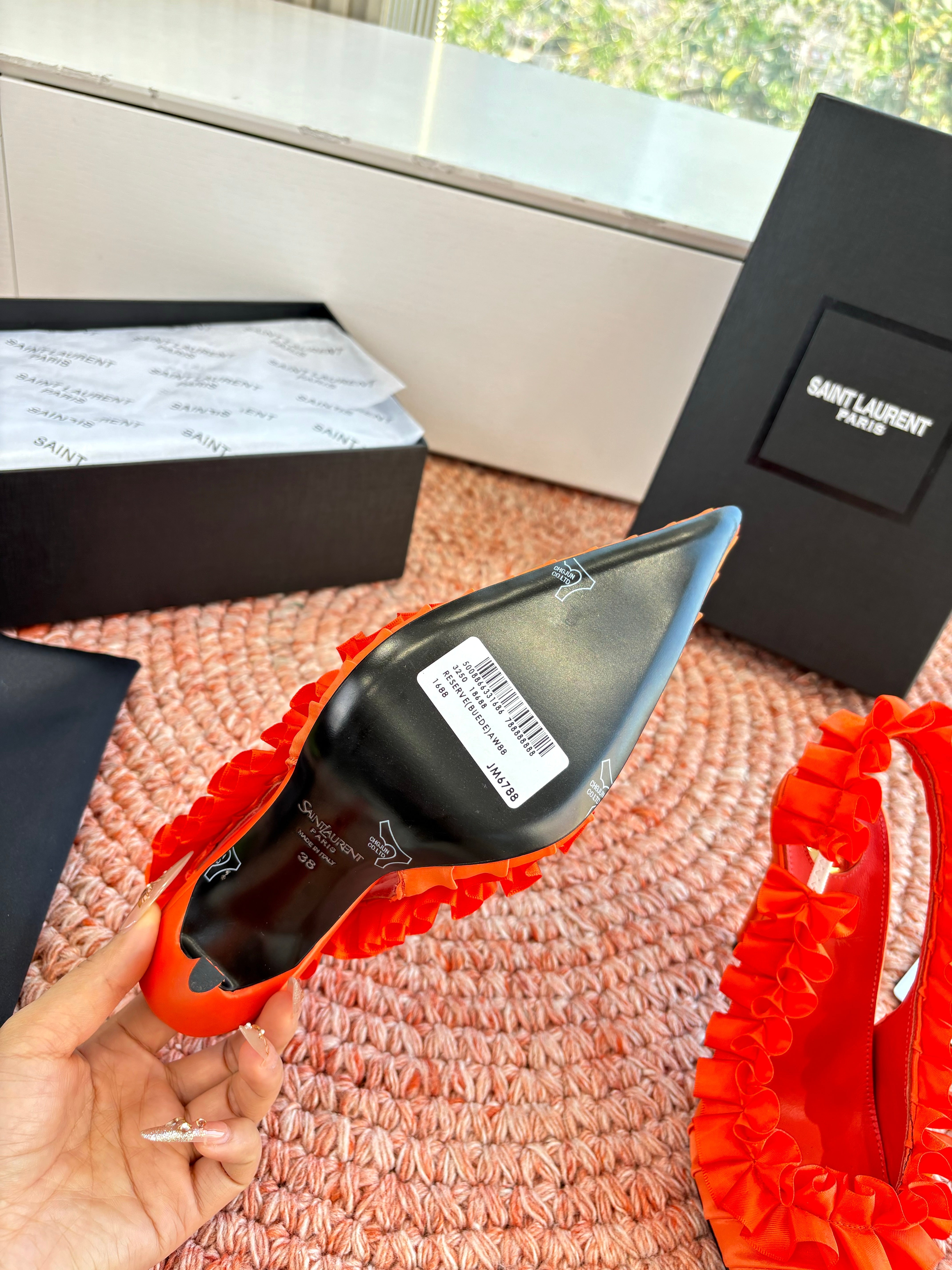 YSL 26ss Slingback Orange Silk Leather 648837