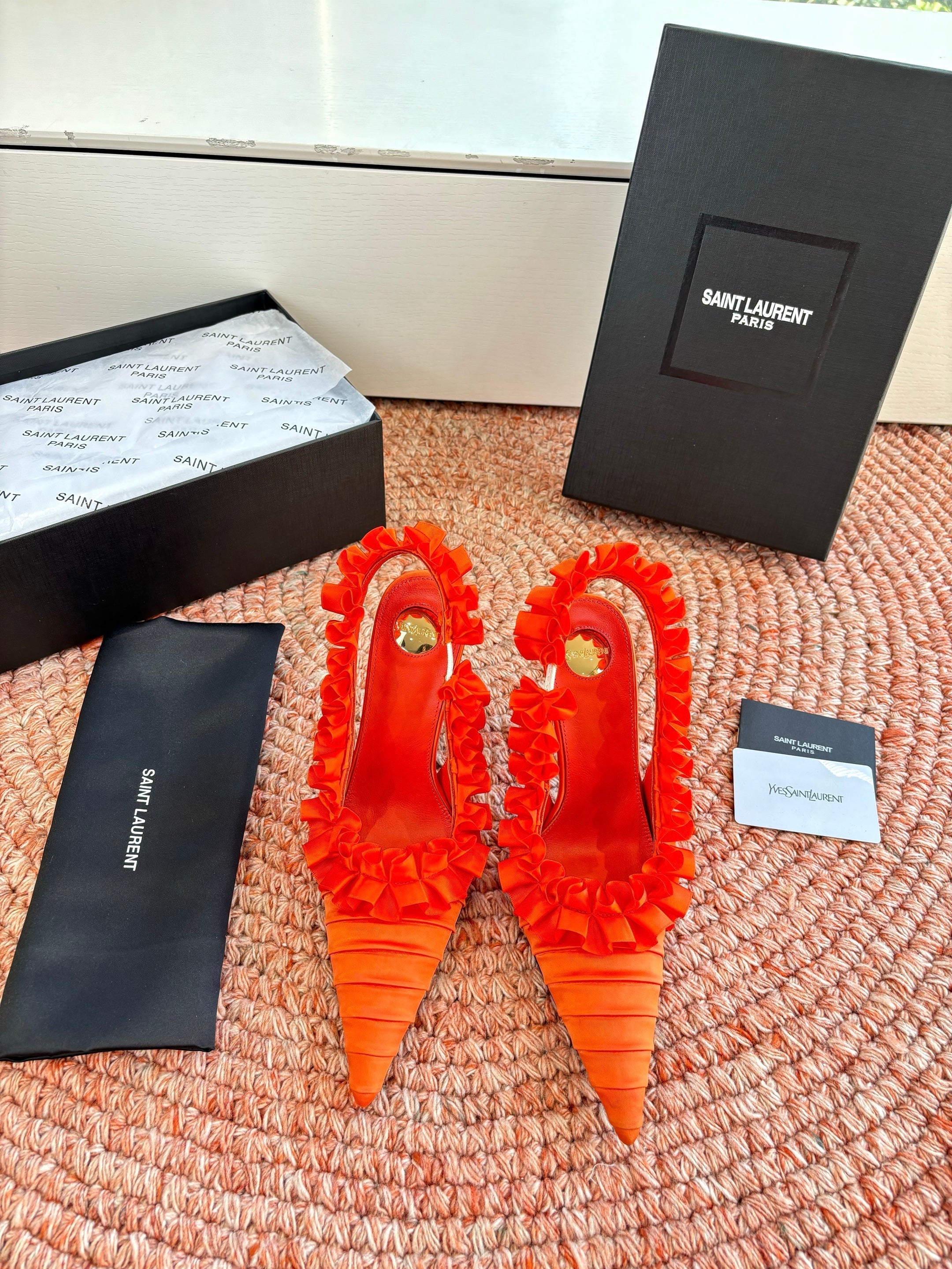 YSL 26ss Slingback Orange Silk Leather 648837