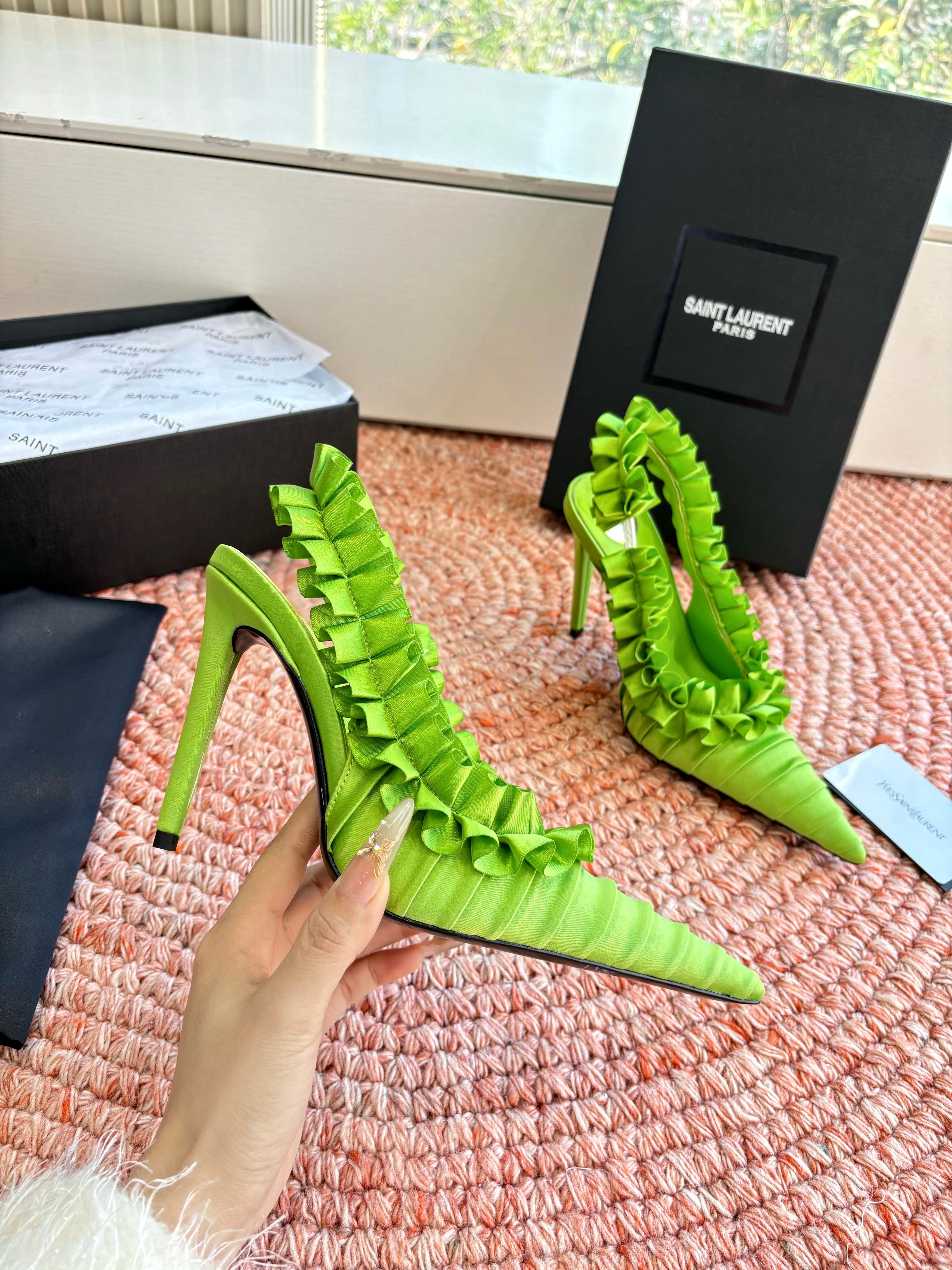 YSL 26ss Slingback Green Silk Leather 648838