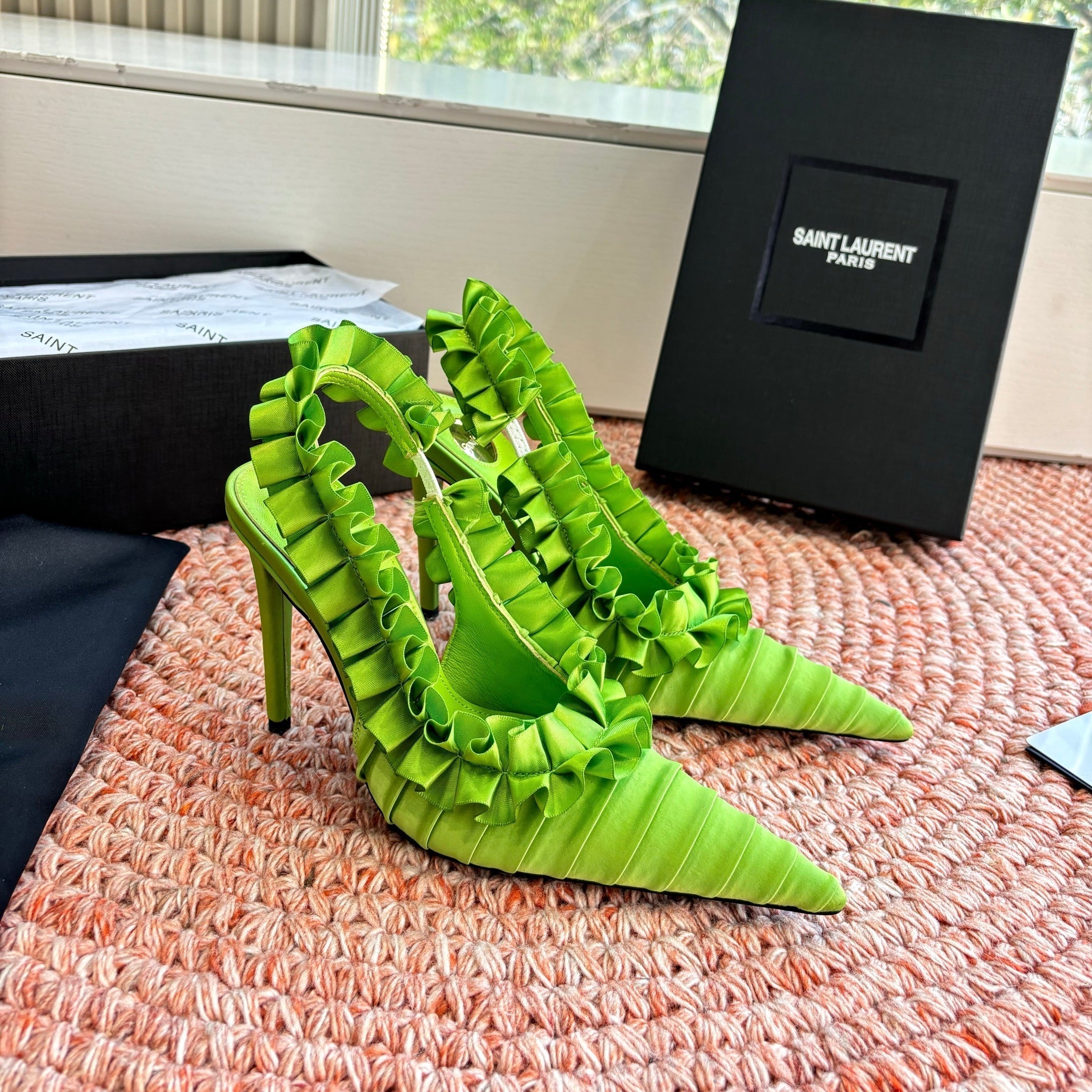 YSL 26ss Slingback Green Silk Leather 648838