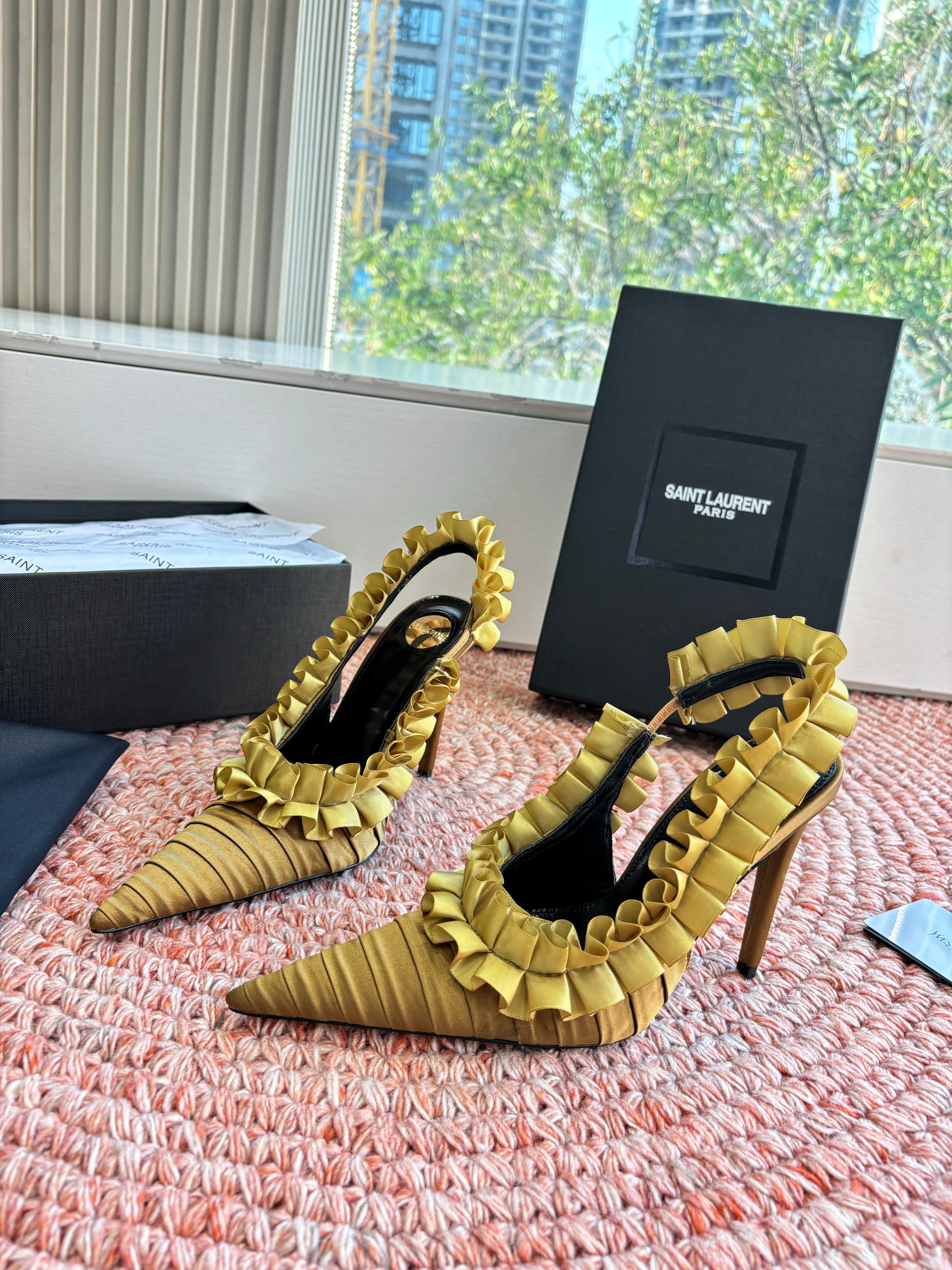 YSL 26ss Slingback Shiny Gold  Silk Leather 648839