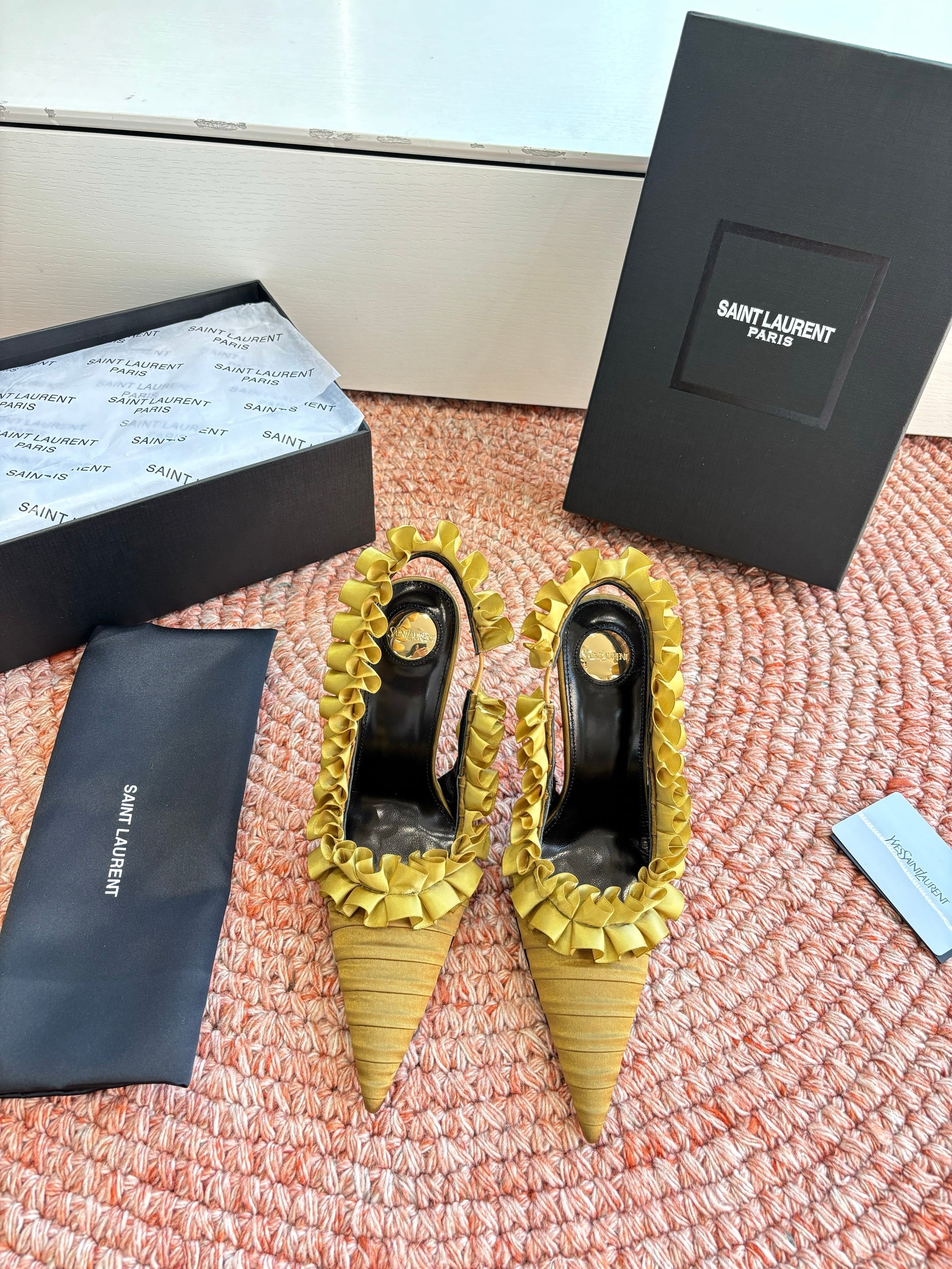 YSL 26ss Slingback Shiny Gold  Silk Leather 648839