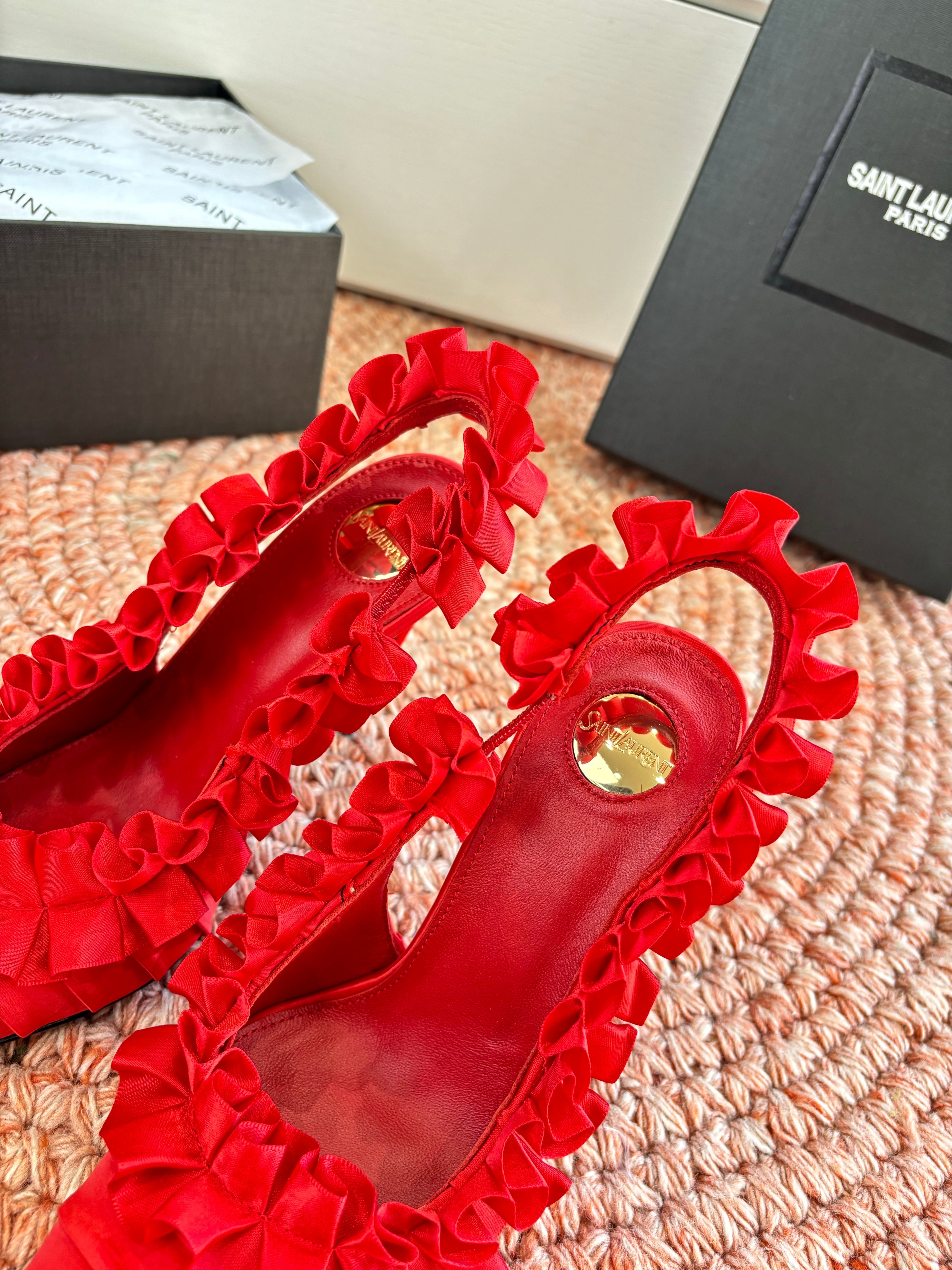 YSL 26ss Slingback Red Silk Leather 648840