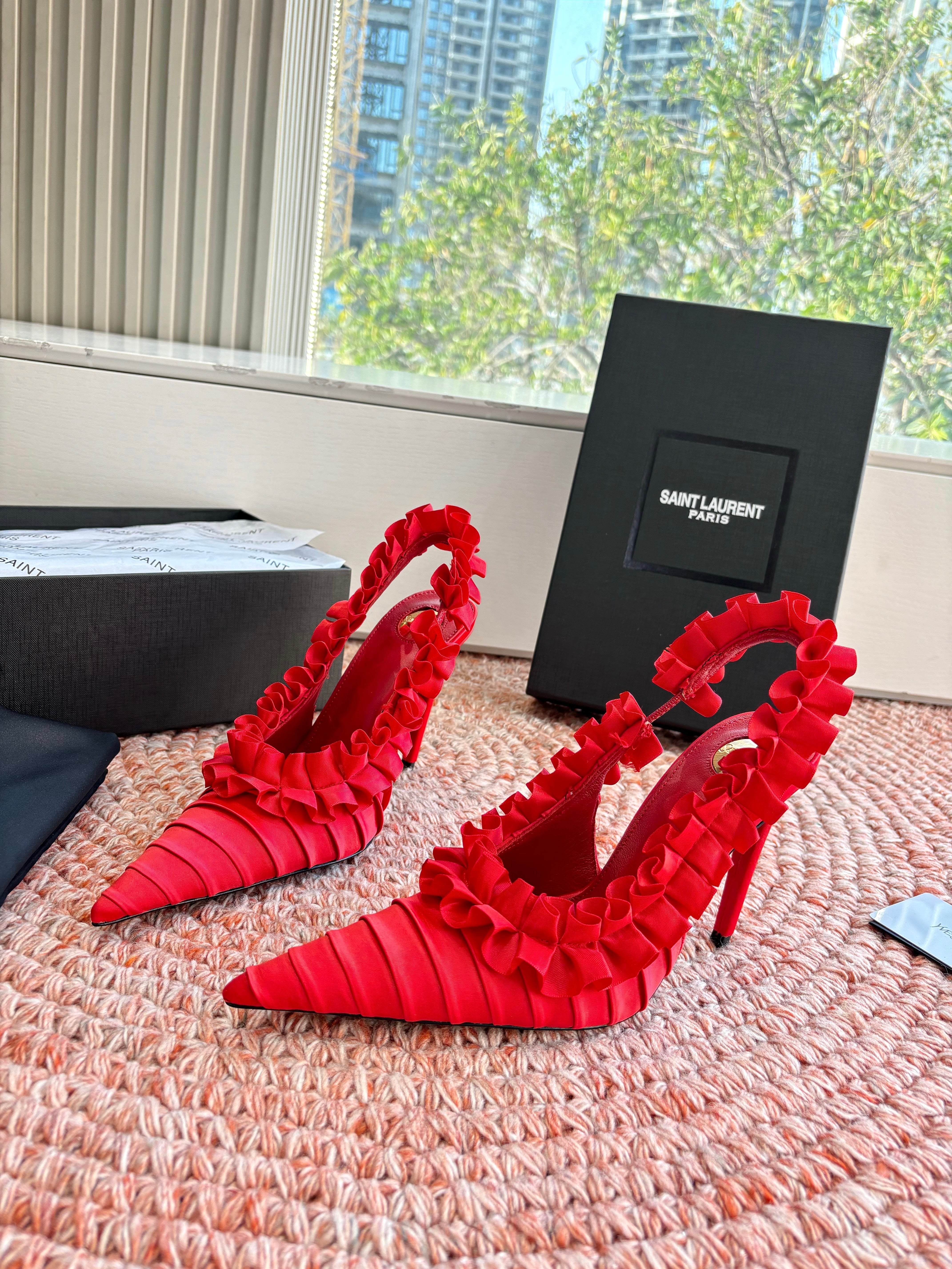 YSL 26ss Slingback Red Silk Leather 648840
