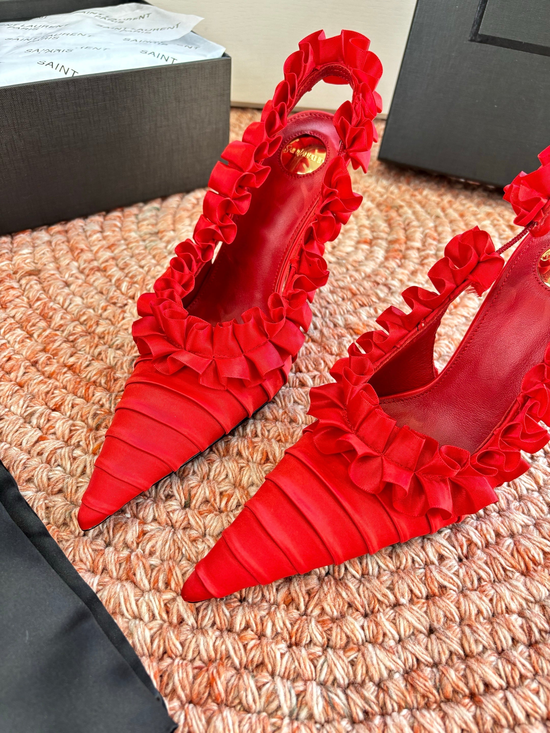 YSL 26ss Slingback Red Silk Leather 648840