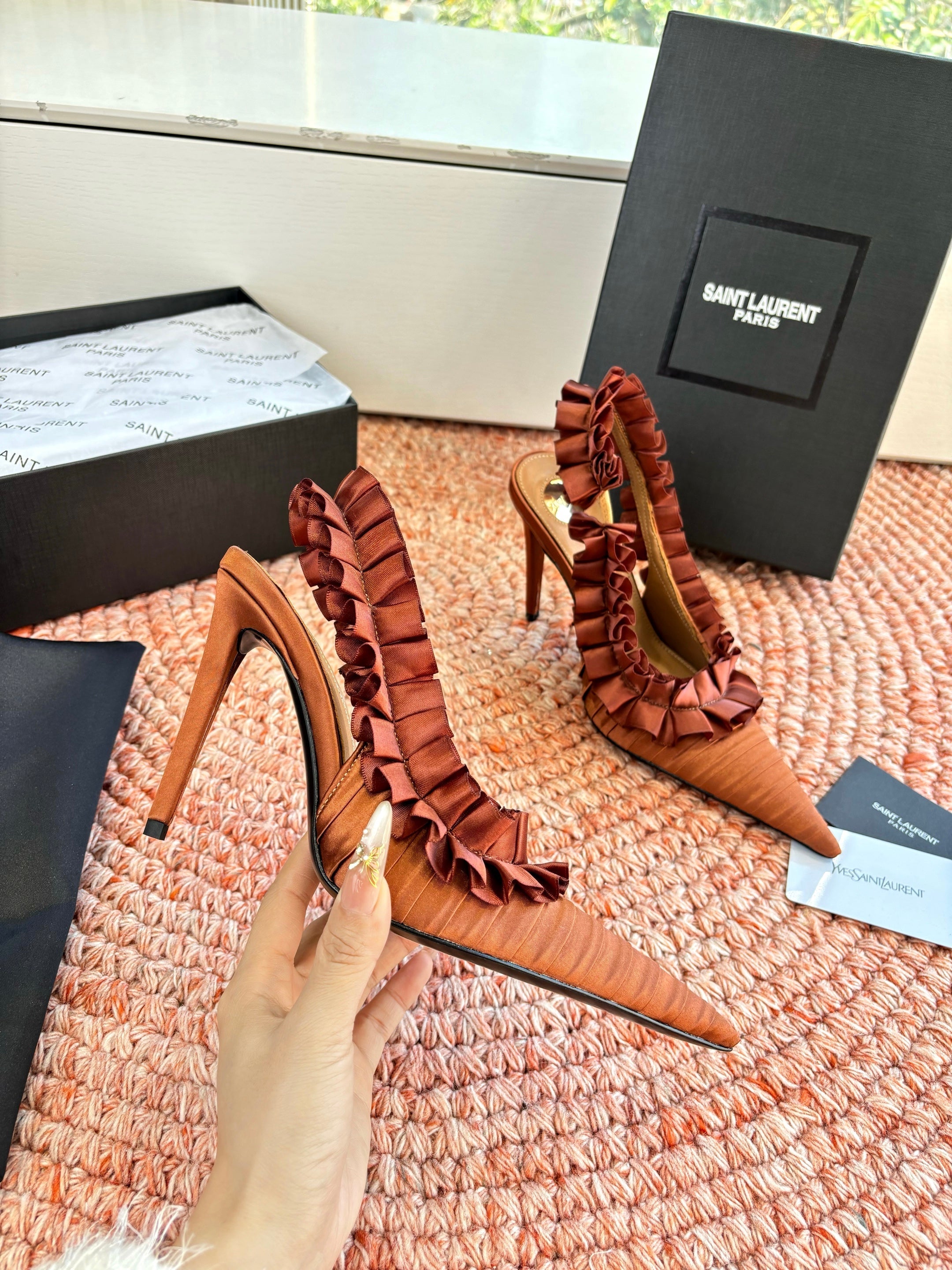 YSL 26ss Slingback Camel Brown Silk Leather  648841