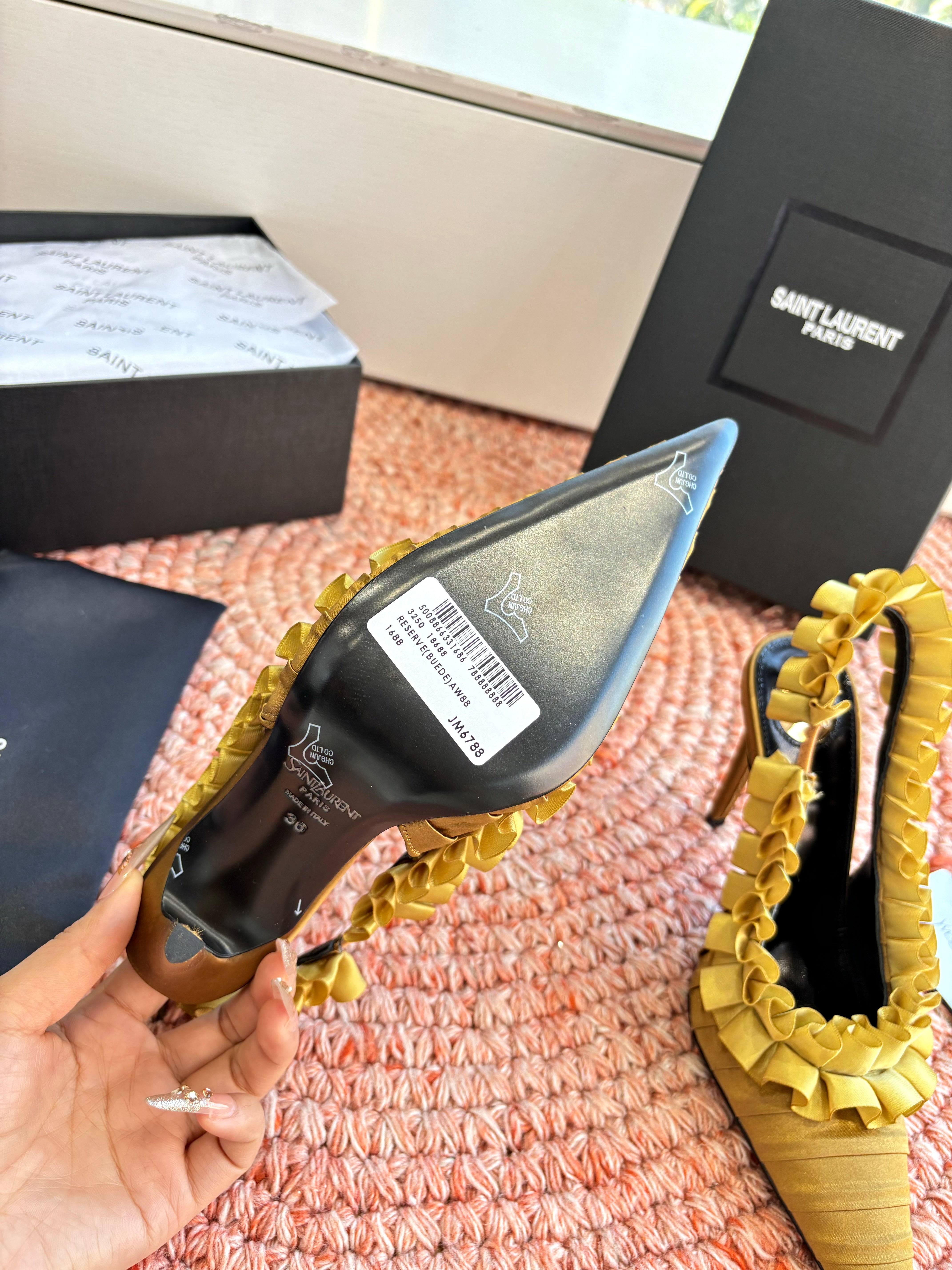 YSL 26ss Slingback Shiny Gold  Silk Leather 648839