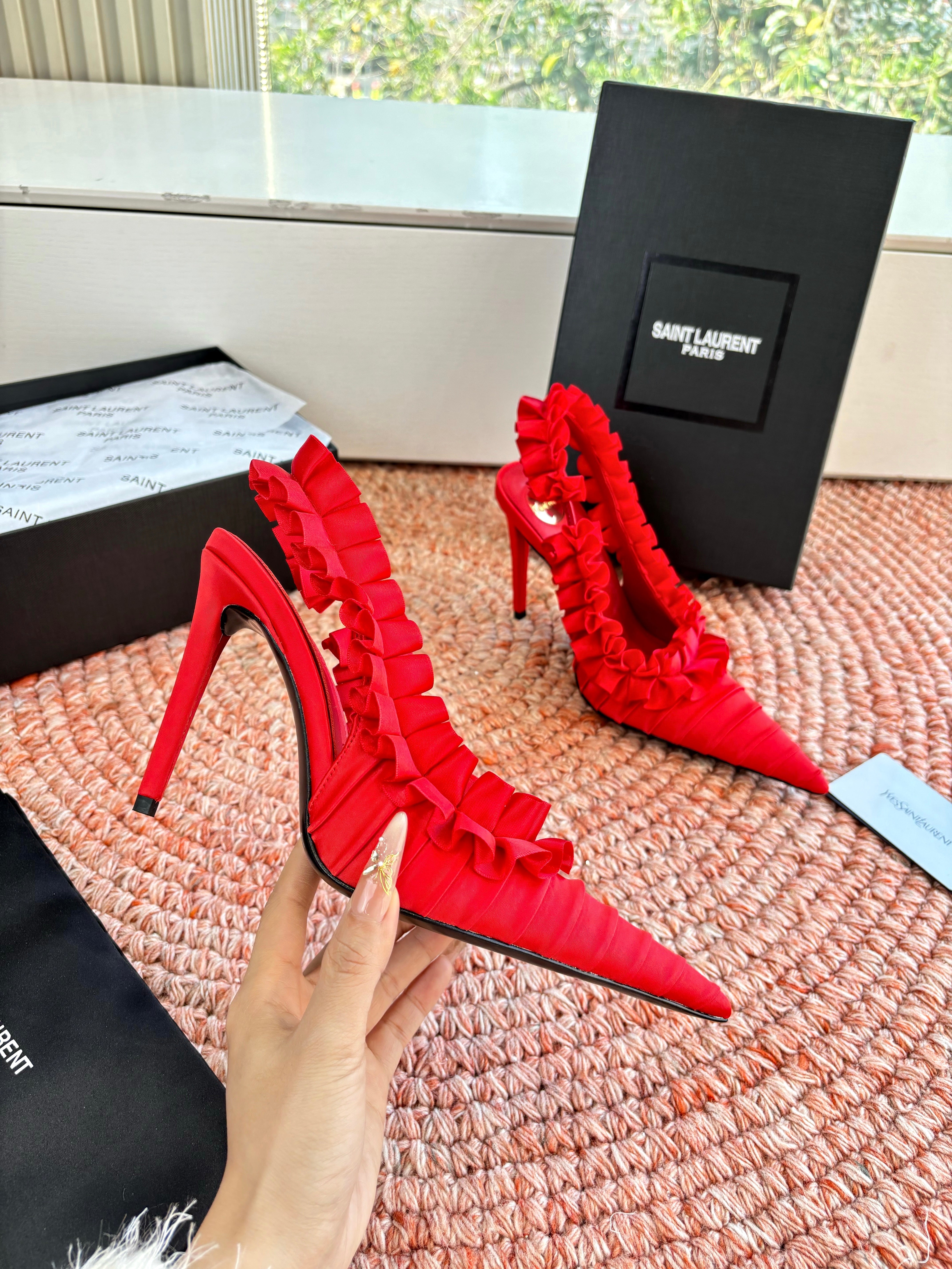 YSL 26ss Slingback Red Silk Leather 648840