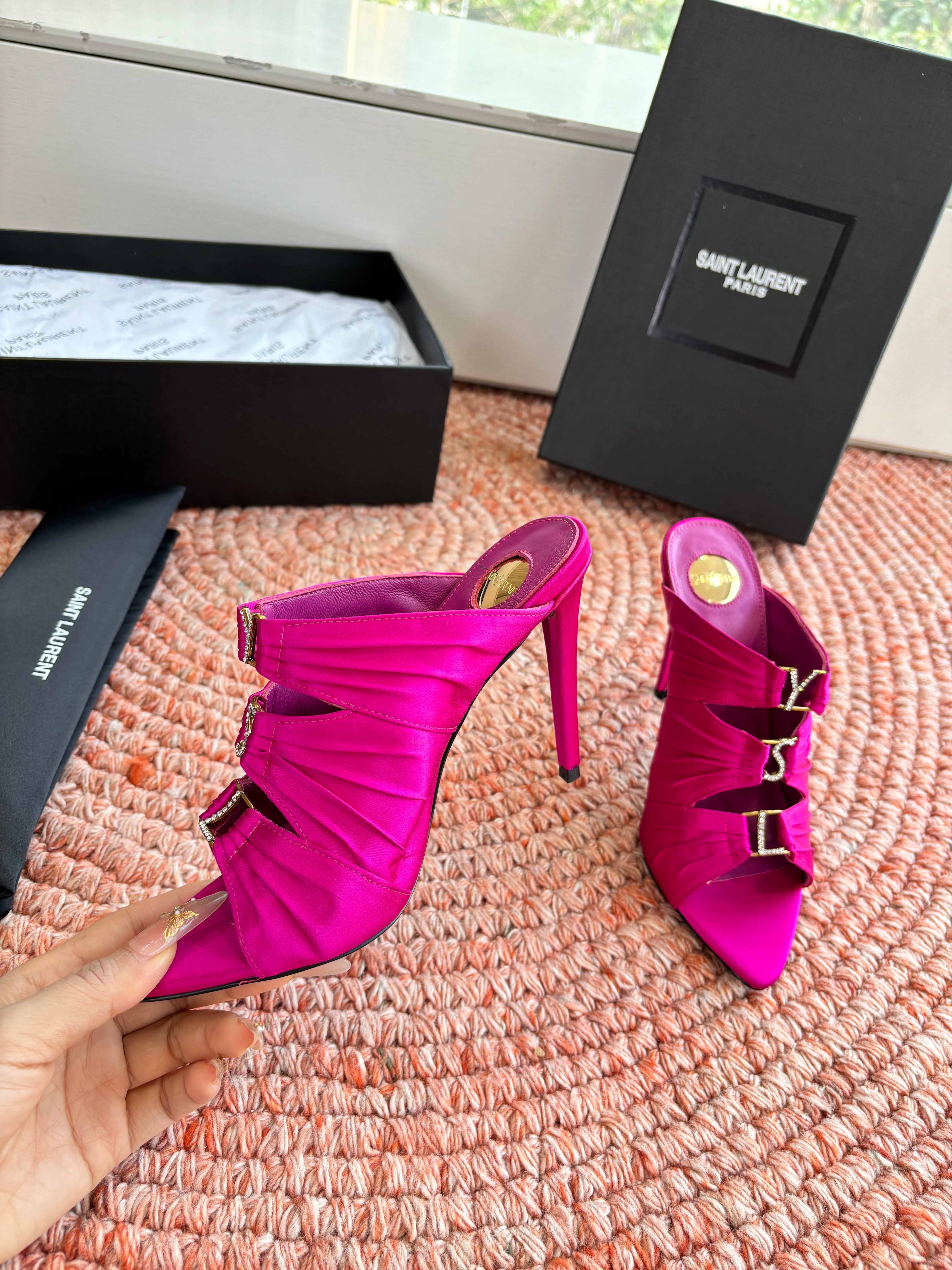 YSL 26ss Pointed High Heels Sandals 110 Fuchsia Pink Silk Leather 648786