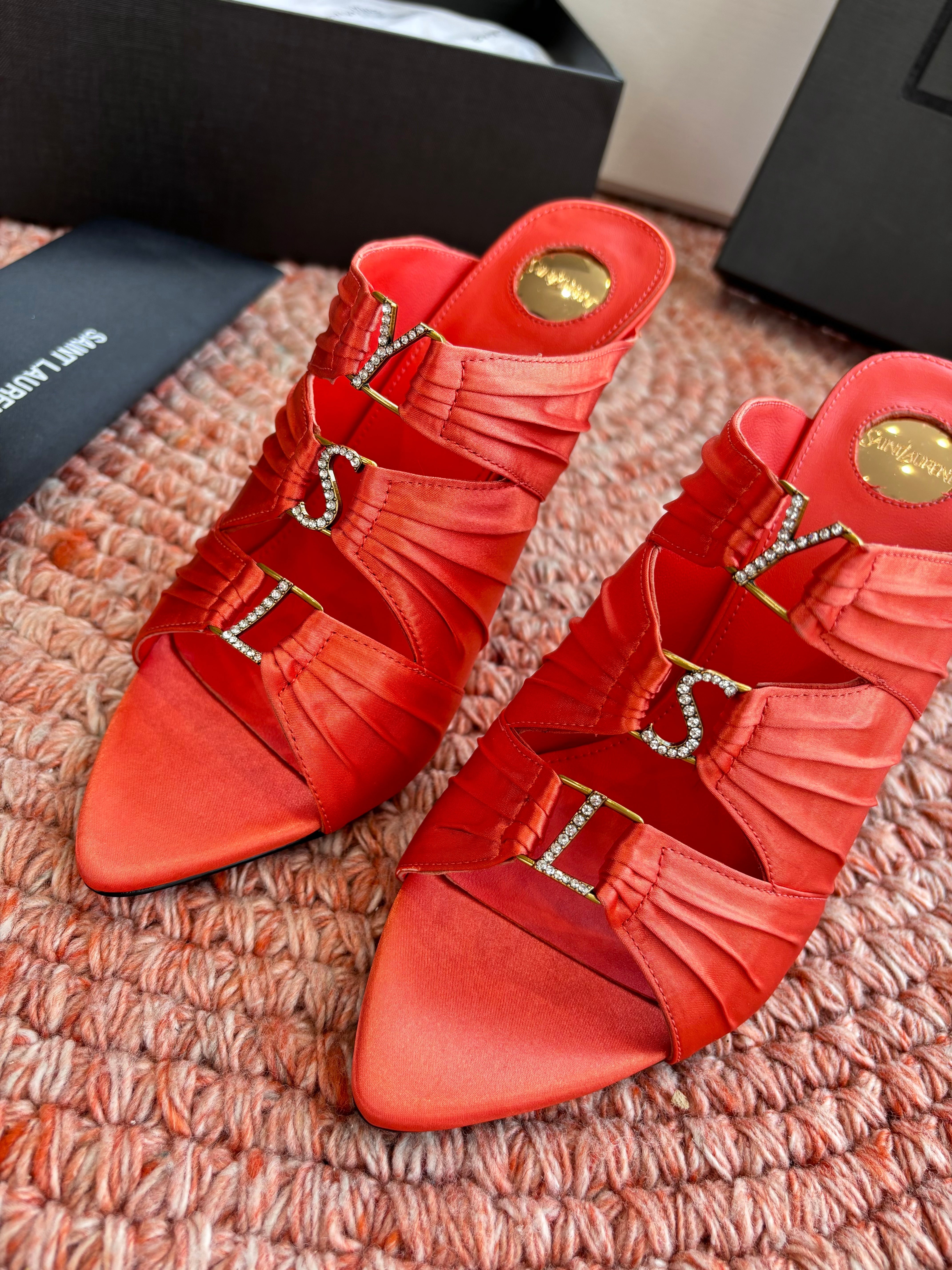 YSL 26ss Pointed High Heels Sandals 110 Orange Silk Leather 648789