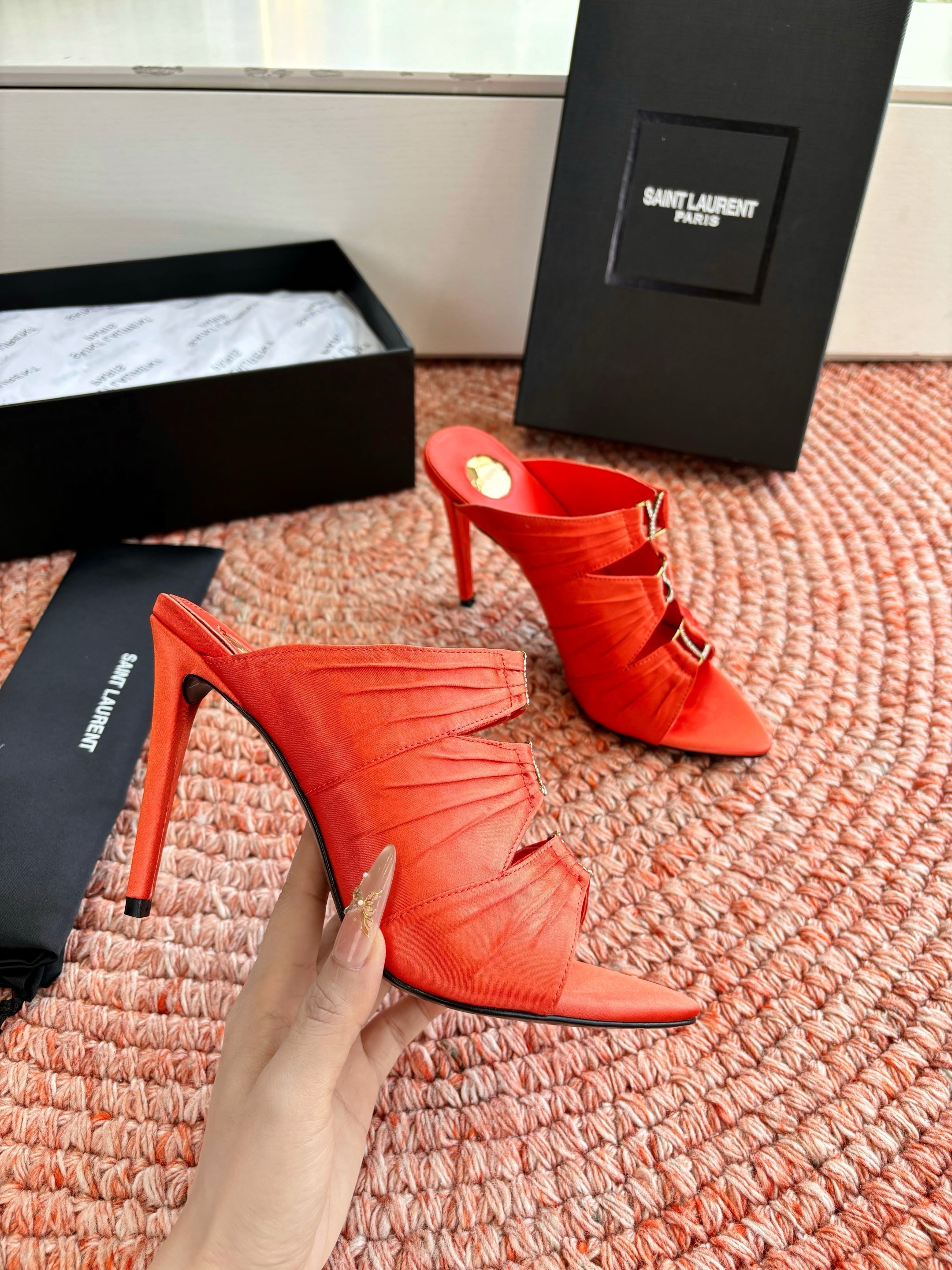 YSL 26ss Pointed High Heels Sandals 110 Orange Silk Leather 648789