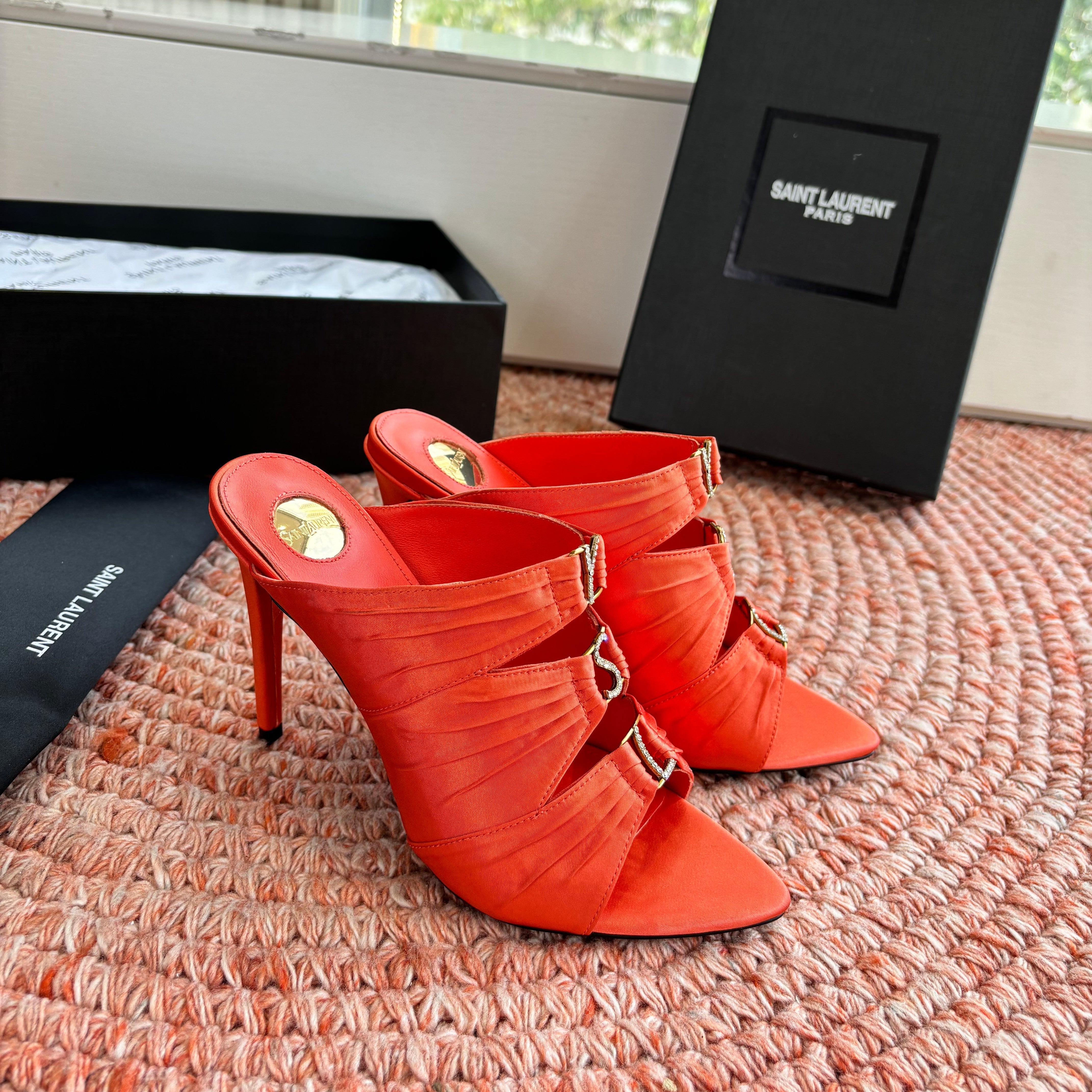YSL 26ss Pointed High Heels Sandals 110 Orange Silk Leather 648789