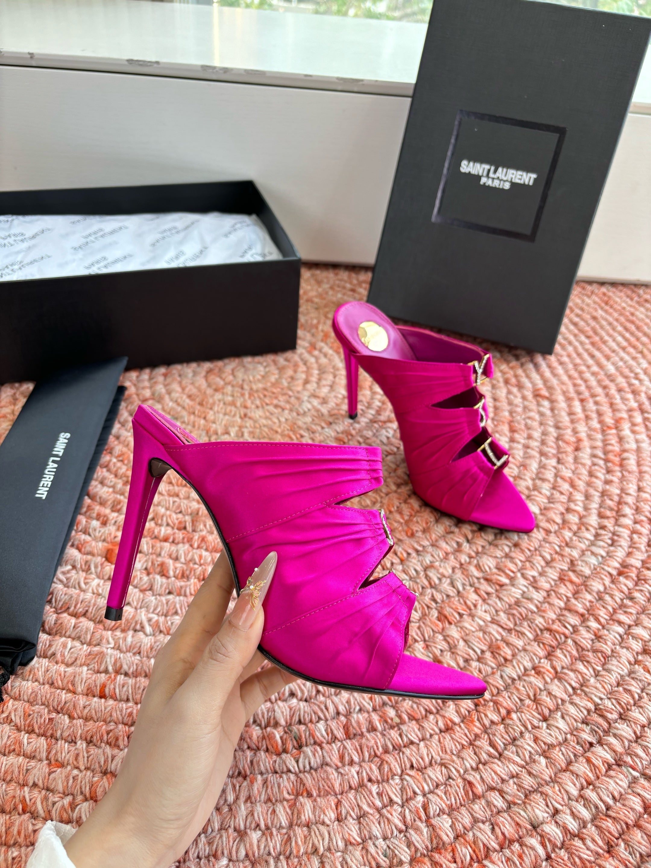 YSL 26ss Pointed High Heels Sandals 110 Fuchsia Pink Silk Leather 648786