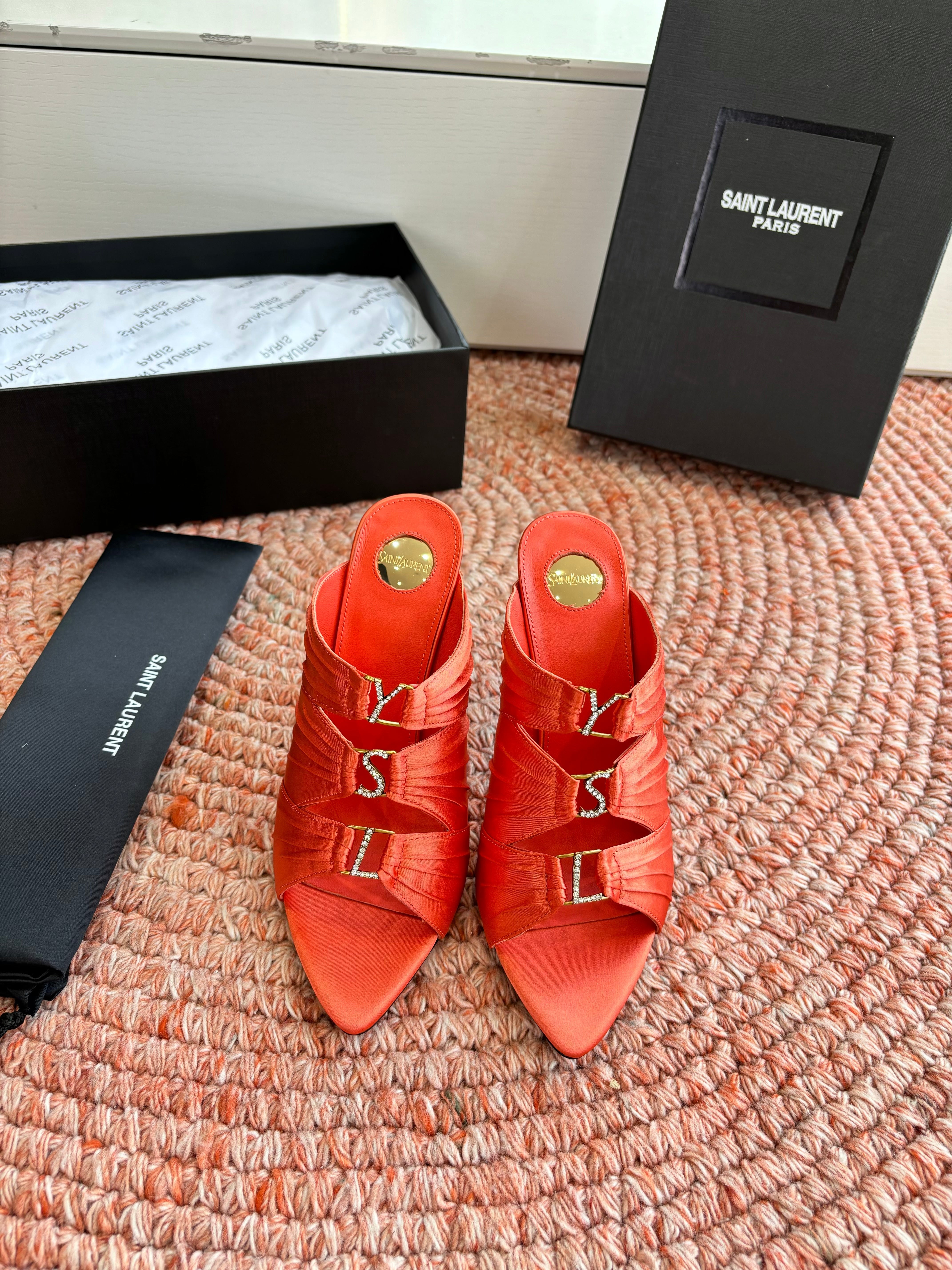 YSL 26ss Pointed High Heels Sandals 110 Orange Silk Leather 648789