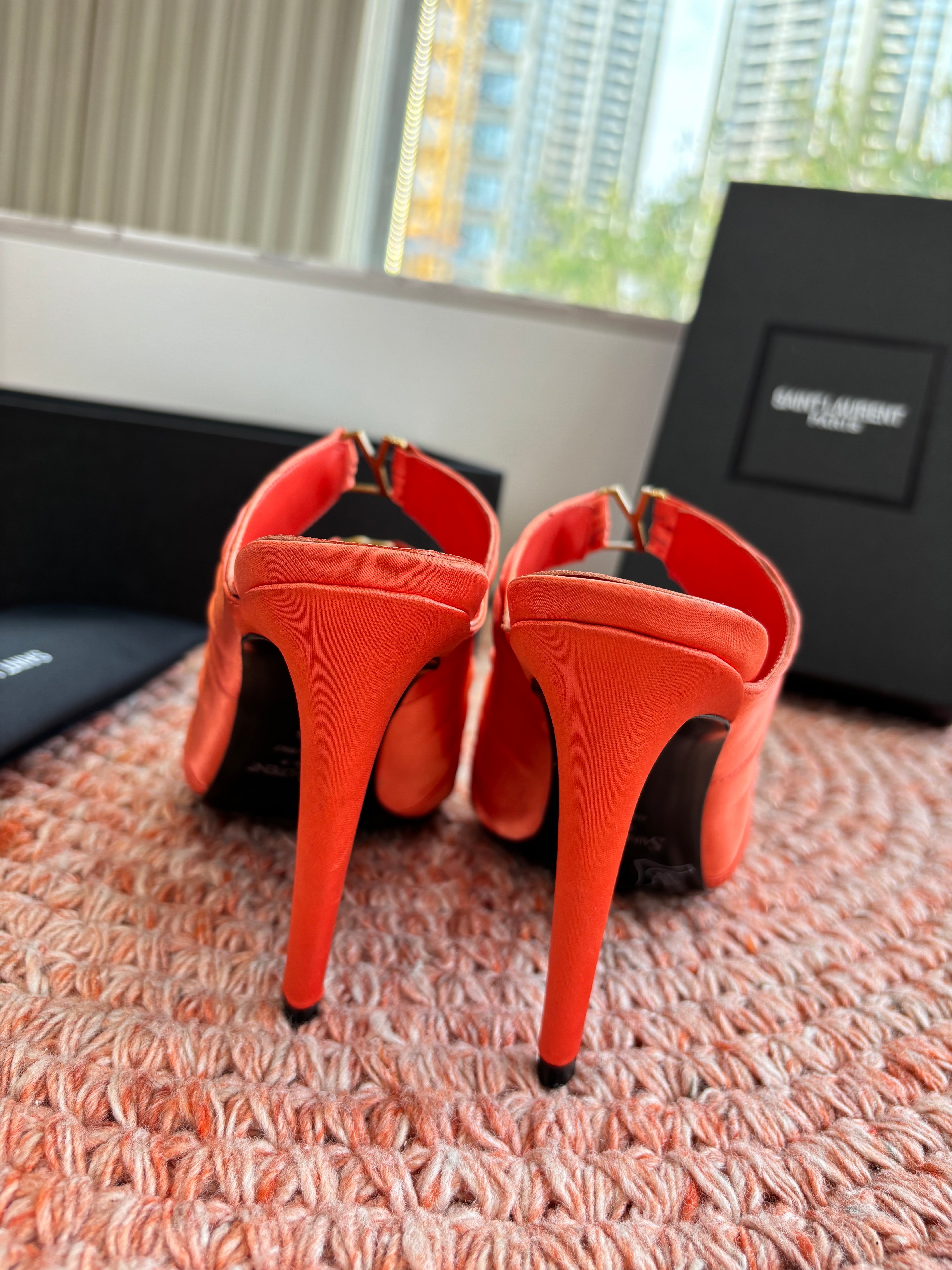 YSL 26ss Pointed High Heels Sandals 110 Orange Silk Leather 648789