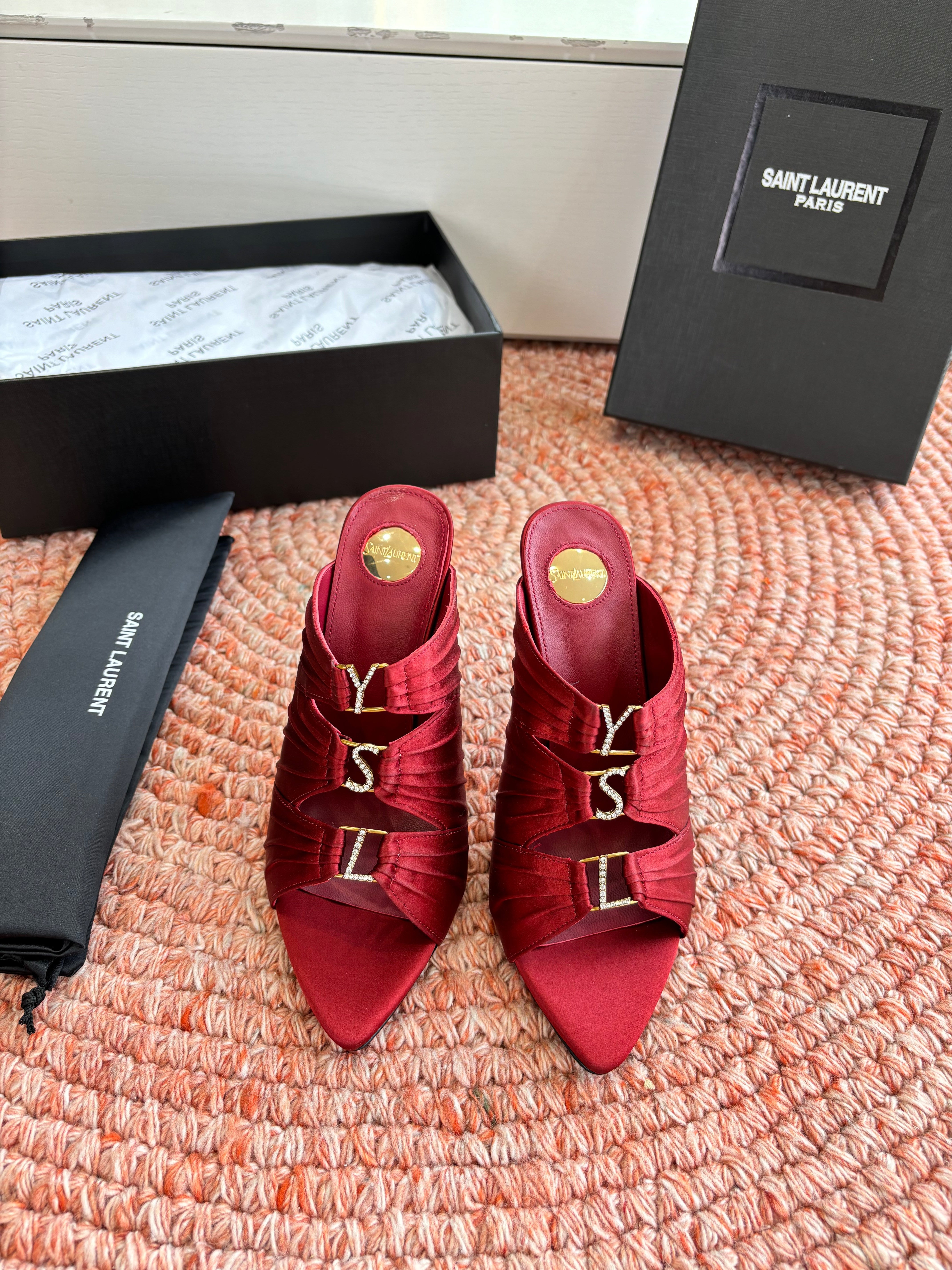 YSL 26ss Pointed High Heels Sandals 110 Dark Red Silk Leather 648787