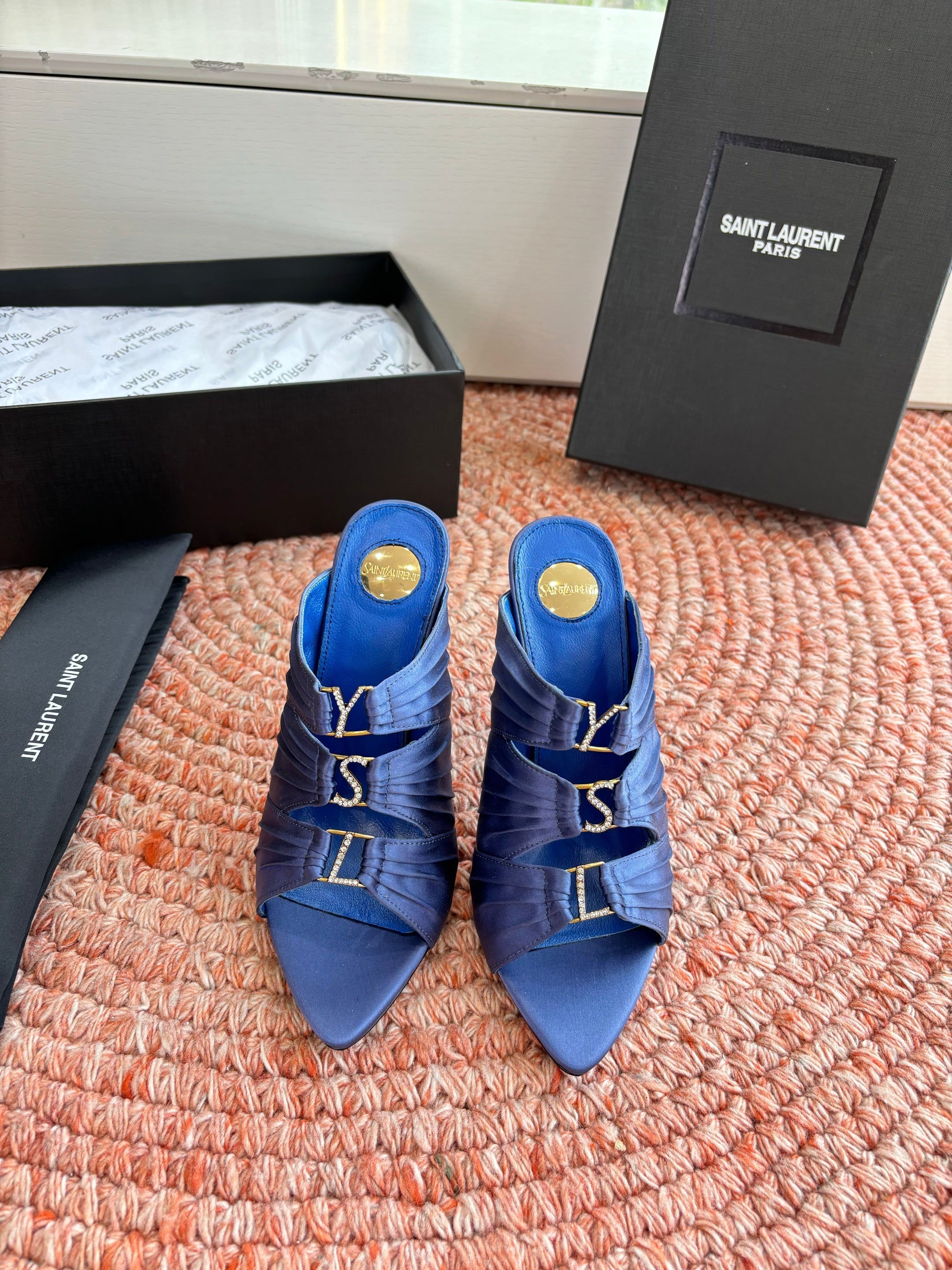 YSL 26ss Pointed High Heels Sandals 110 Blue Silk Leather 648788