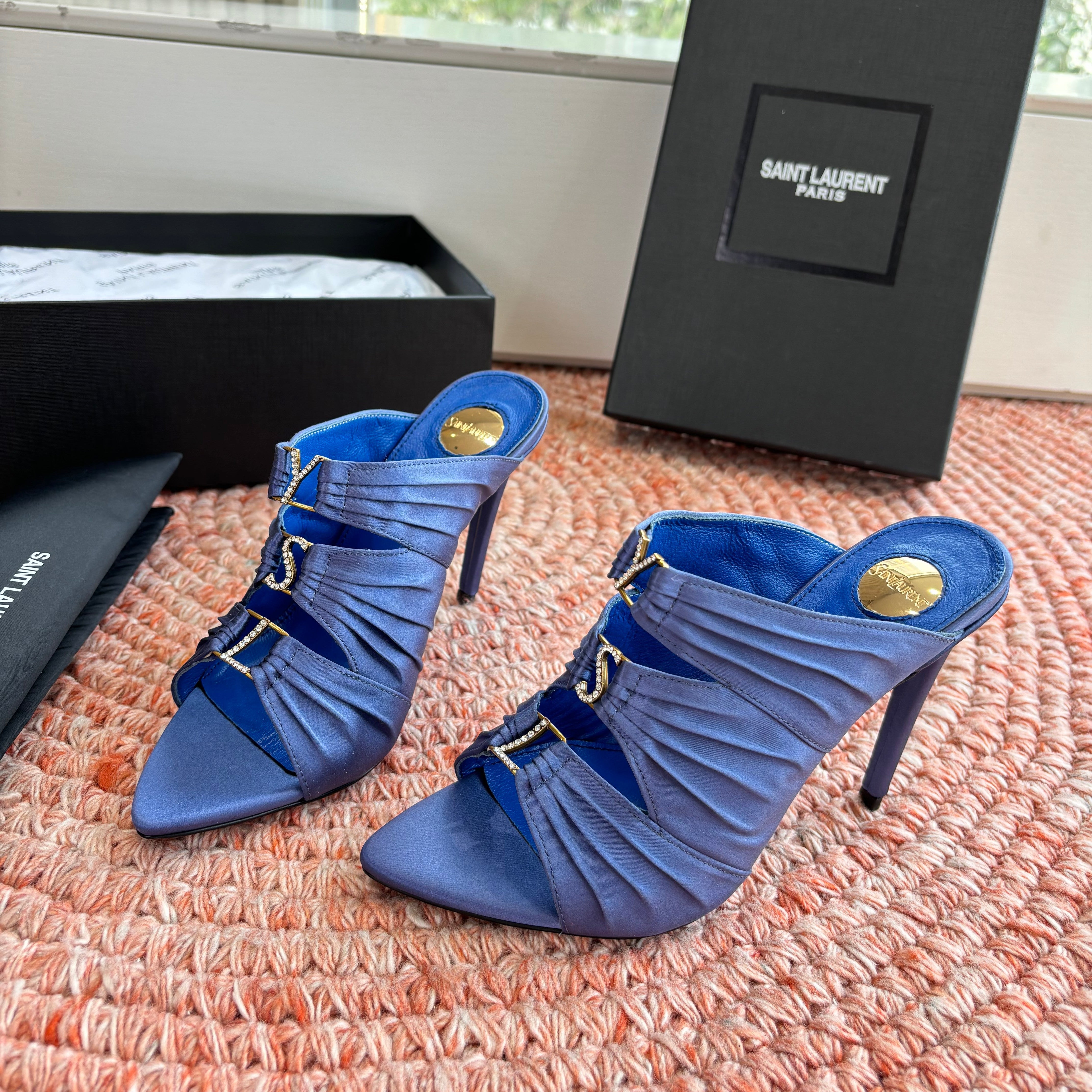 YSL 26ss Pointed High Heels Sandals 110 Blue Silk Leather 648788