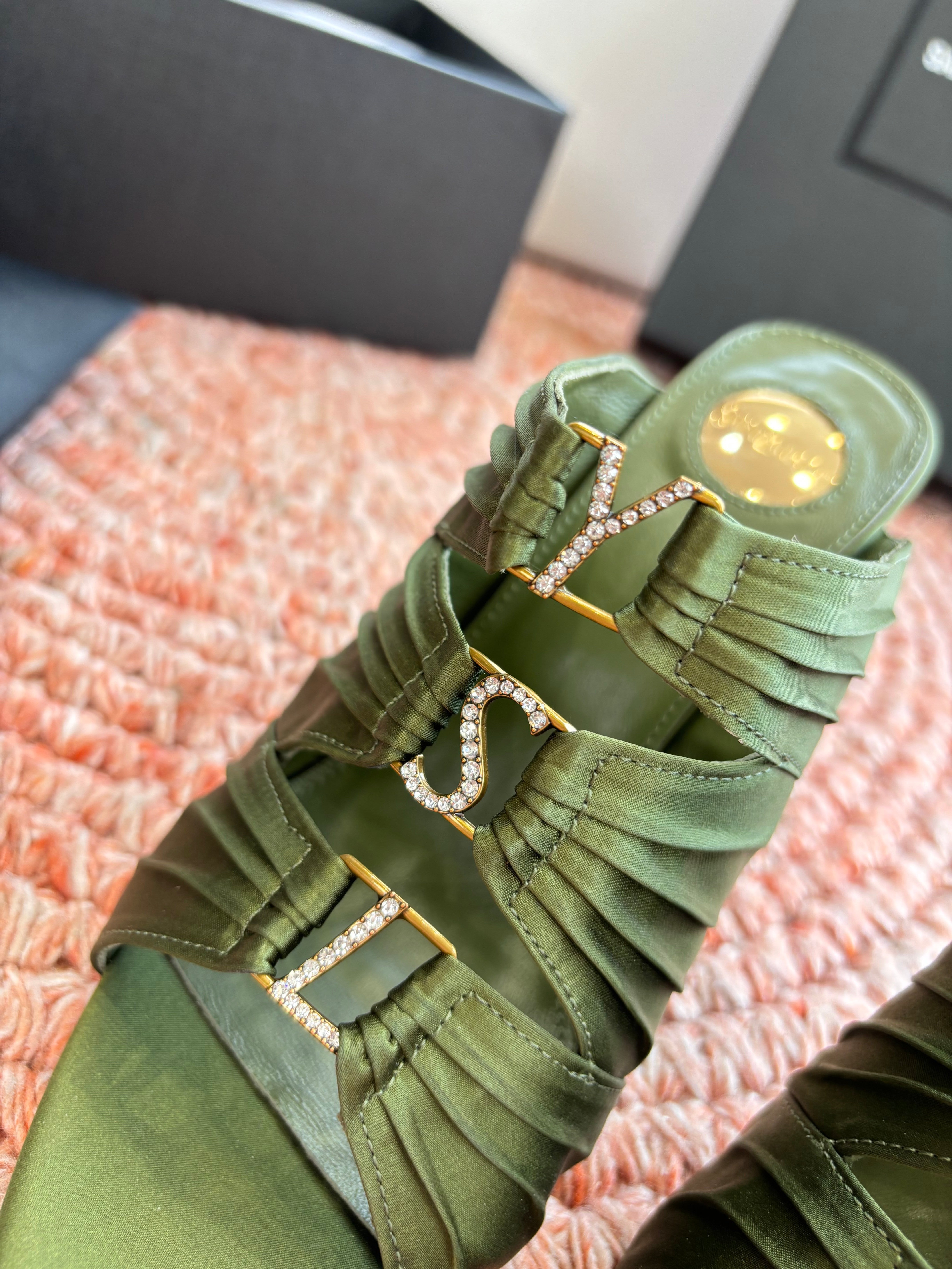 YSL 26ss Pointed High Heels Sandals 110 Green Silk Leather 648791