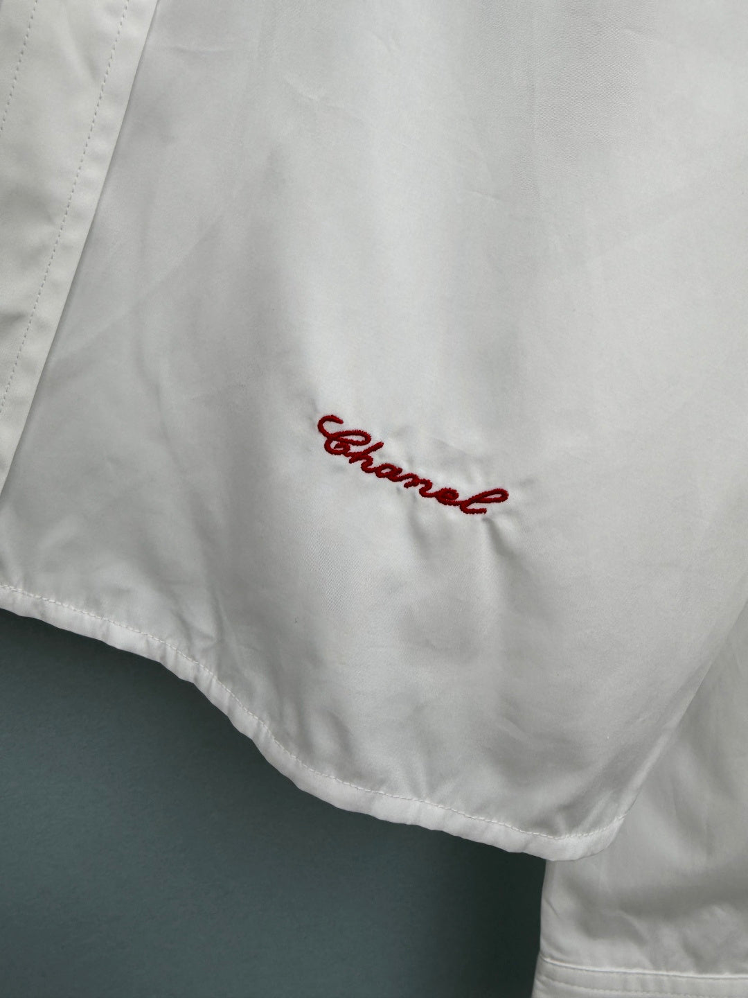 Chanel 2026 Pearl Button Chain Trim Short Shirt White Cotton 213056