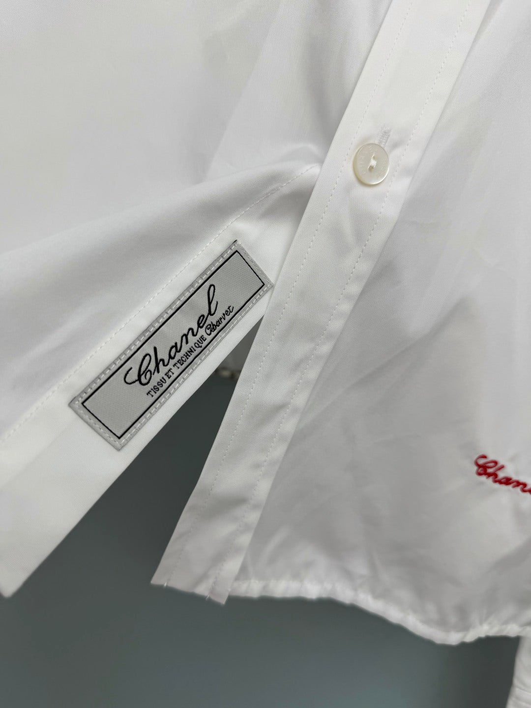 Chanel 2026 Pearl Button Chain Trim Short Shirt White Cotton 213056