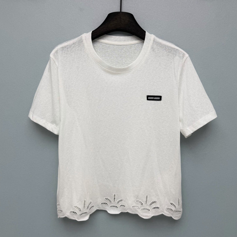 Miumiu 2026 Hollow-Out Embroidered Short-Sleeve T-Shirt White Cotton 392382