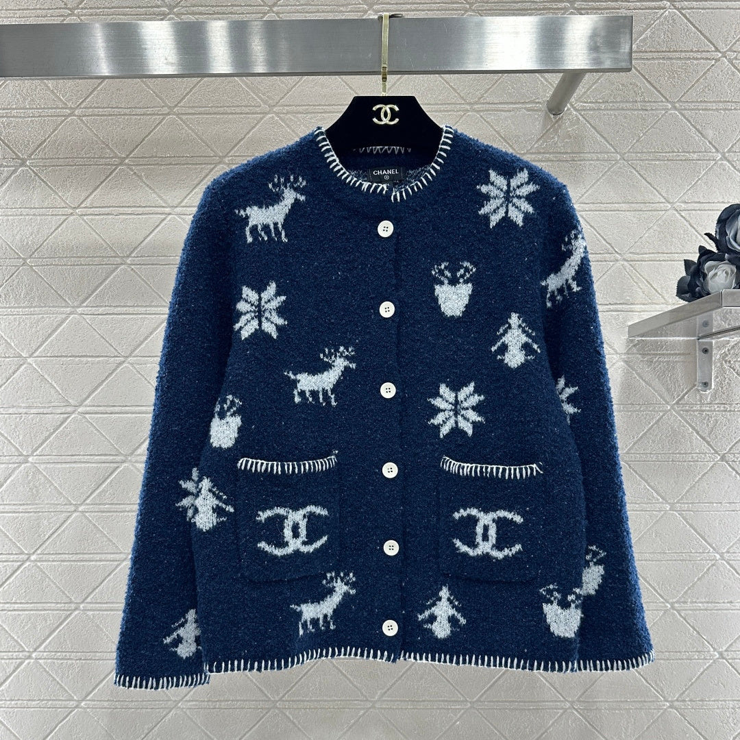 CC 26 Cardigan with Snowflake Pattern Blue mix White Wool 329713