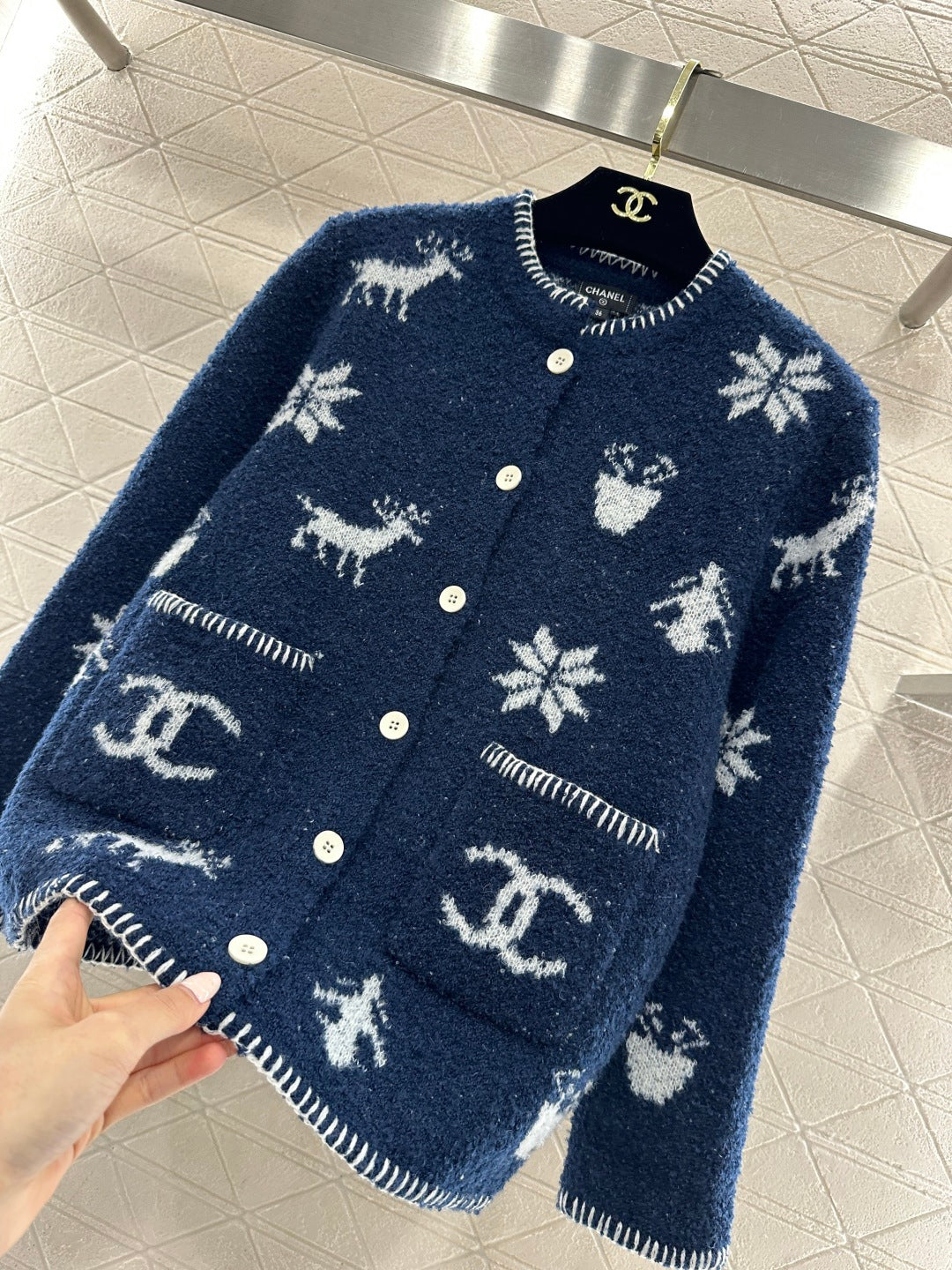 CC 26 Cardigan with Snowflake Pattern Blue mix White Wool 329713
