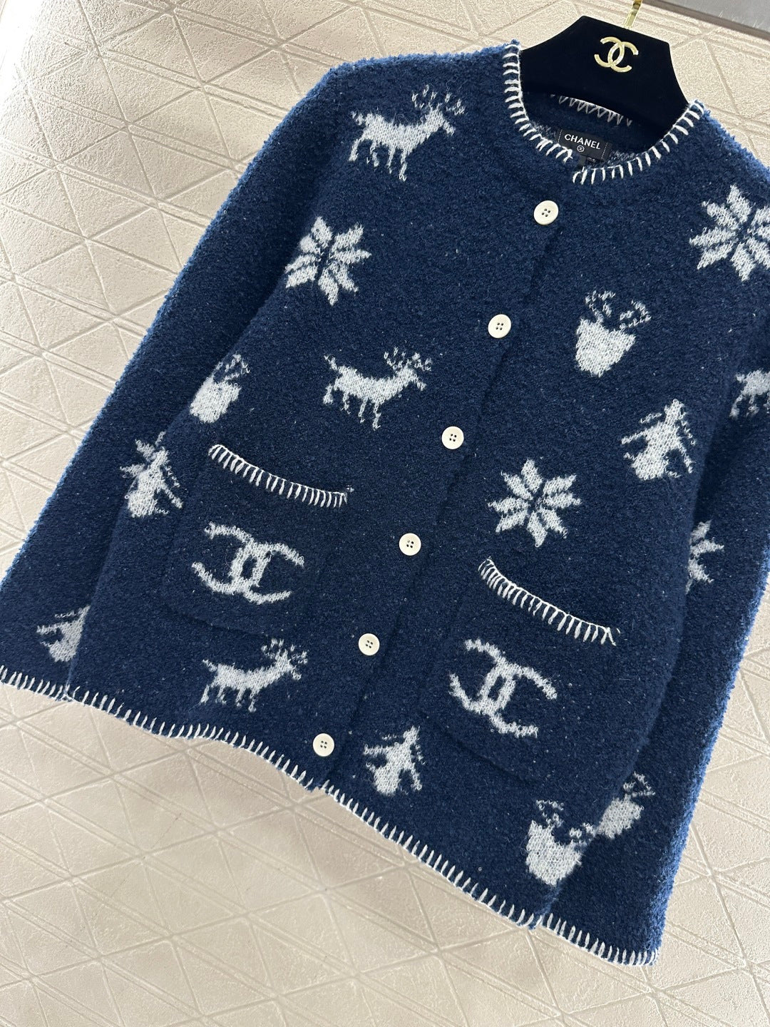 CC 26 Cardigan with Snowflake Pattern Blue mix White Wool 329713