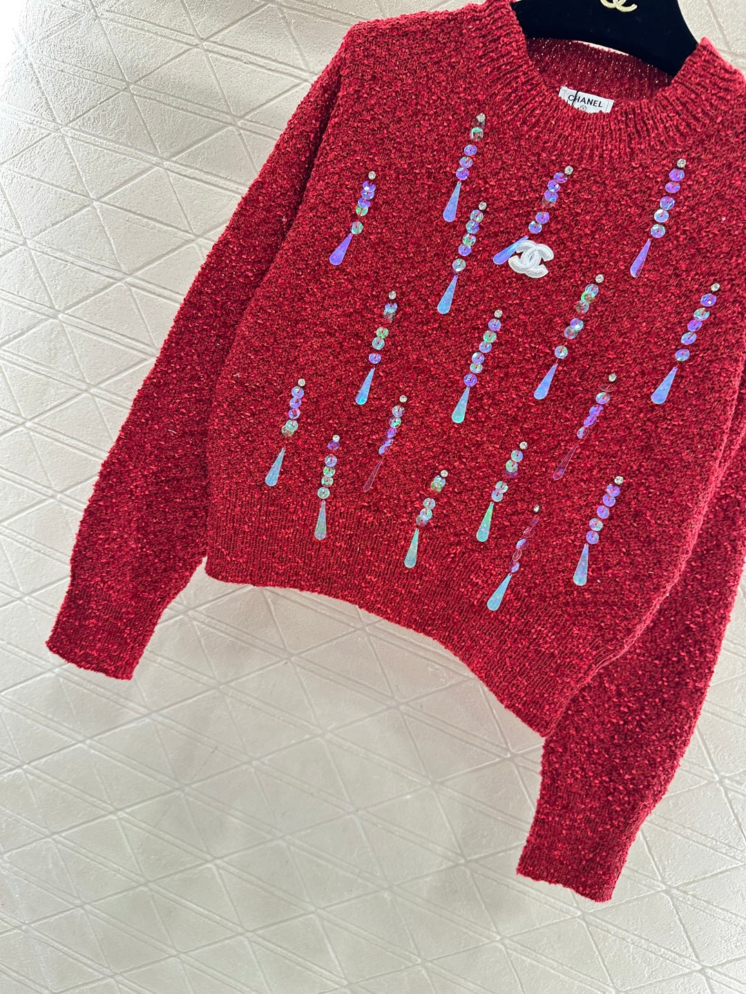 CC 26 Crew Neck Sequined Pullover Sweater Cream Red Wool 331243