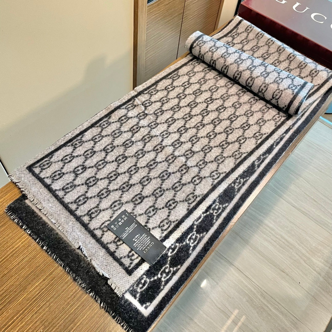 GG Double G Jacquard Scarf 180CM  Black Wool 283099