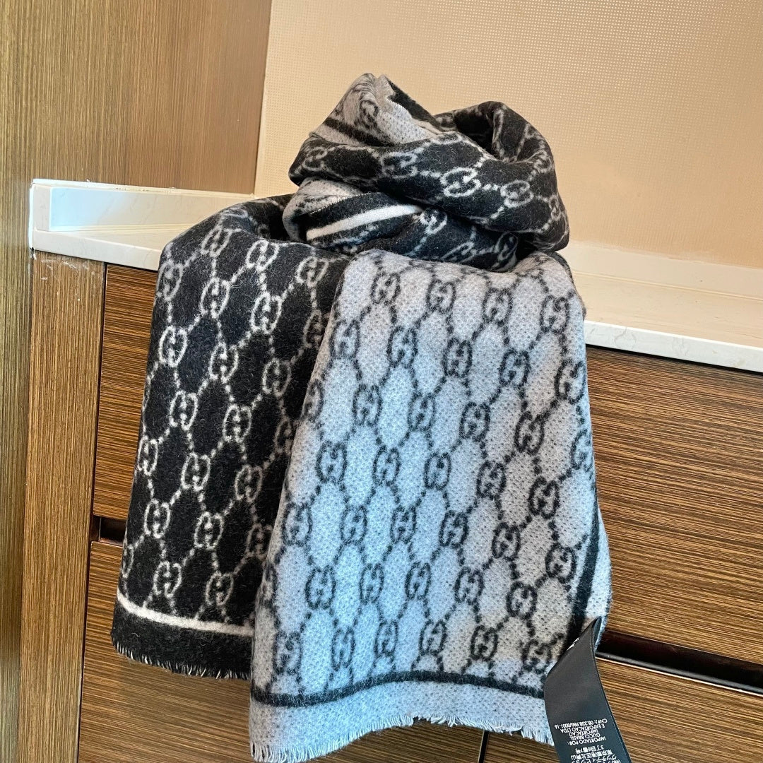 GG Double G Jacquard Scarf 180CM  Black Wool 283099