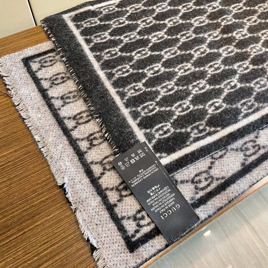 GG Double G Jacquard Scarf 180CM  Black Wool 283099