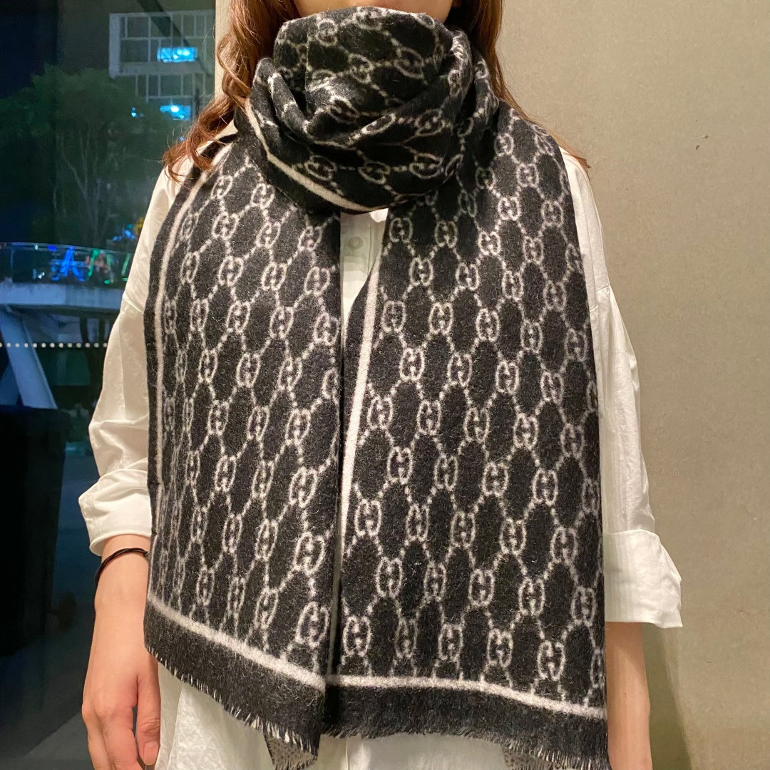 GG Double G Jacquard Scarf 180CM  Black Wool 283099
