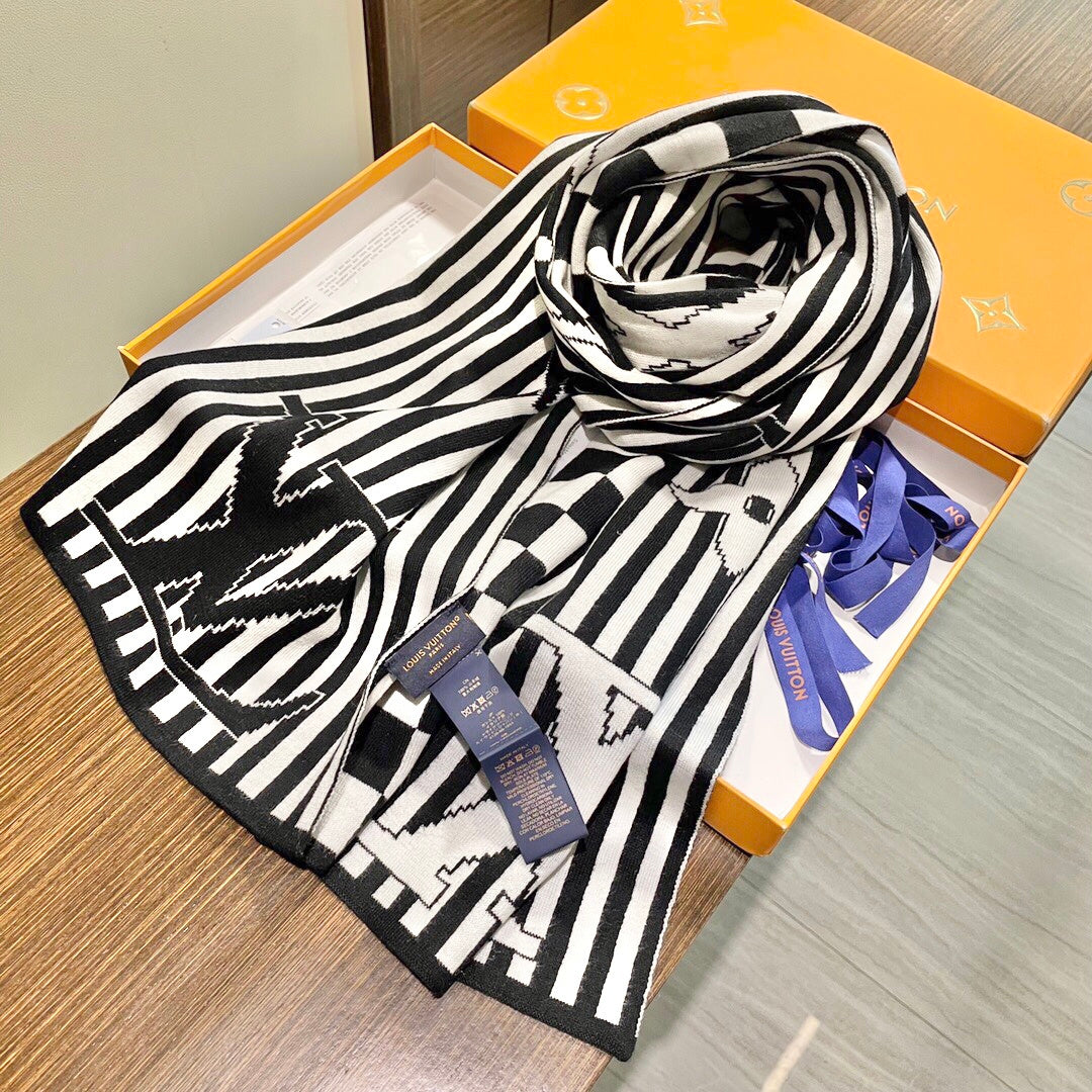 LV Unisex Scarf 180cm White Black Fabric 968477