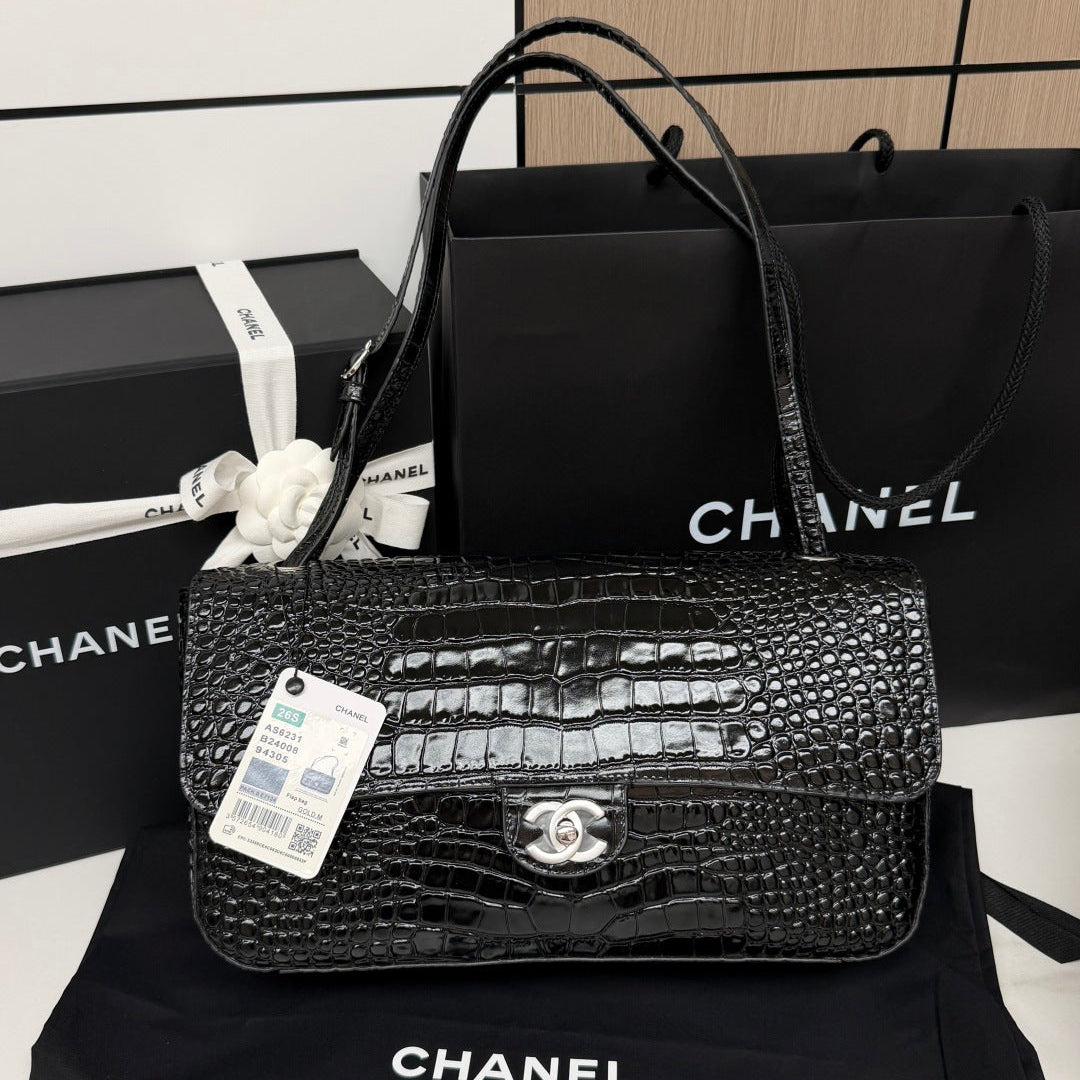 Chanel 2026 Crocodile-embossed Bag 32cm Black Leather Silver Hardware