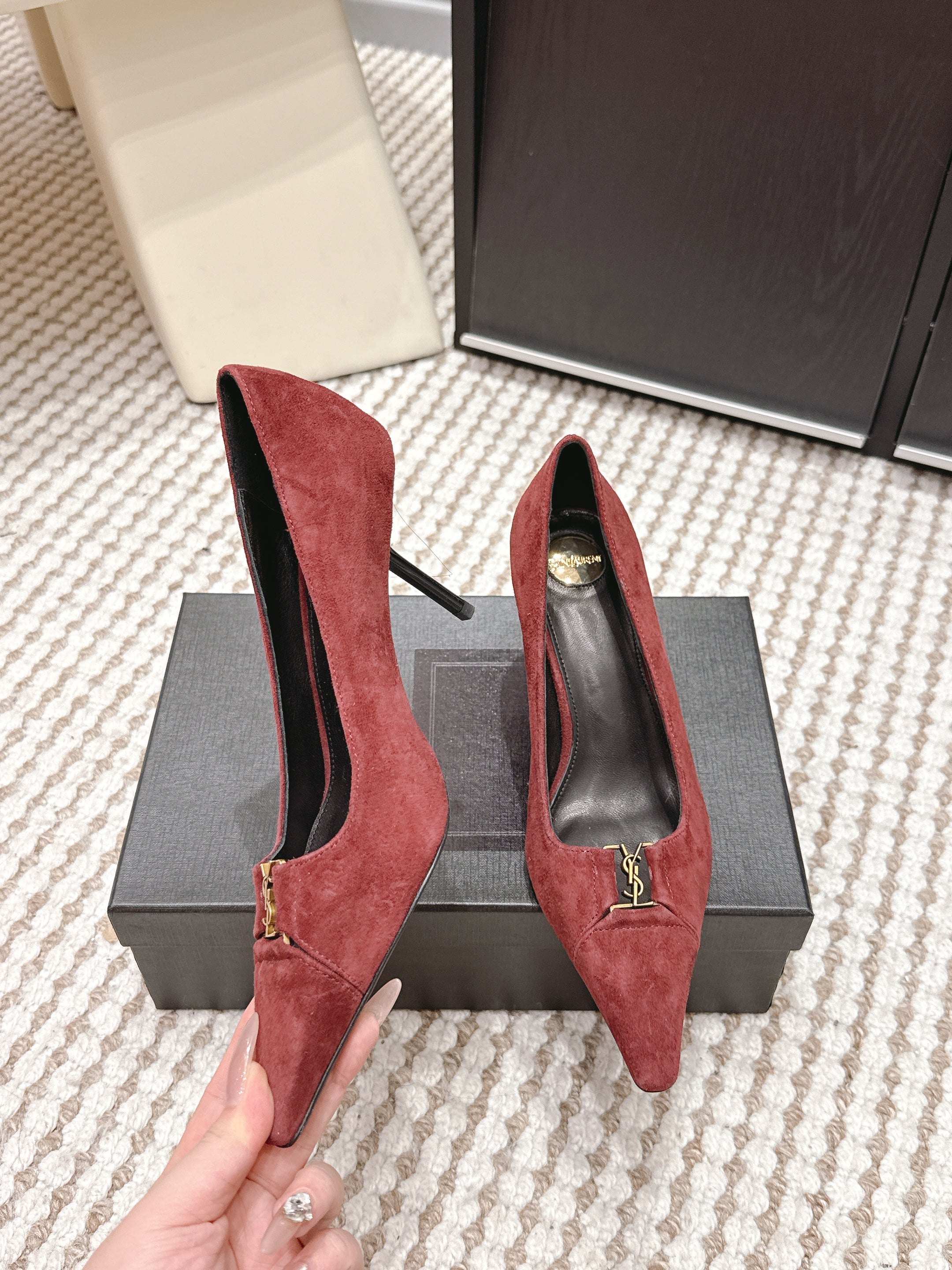 YSL 26ss High Heel Pumps 75 Burgundy Suede 654699