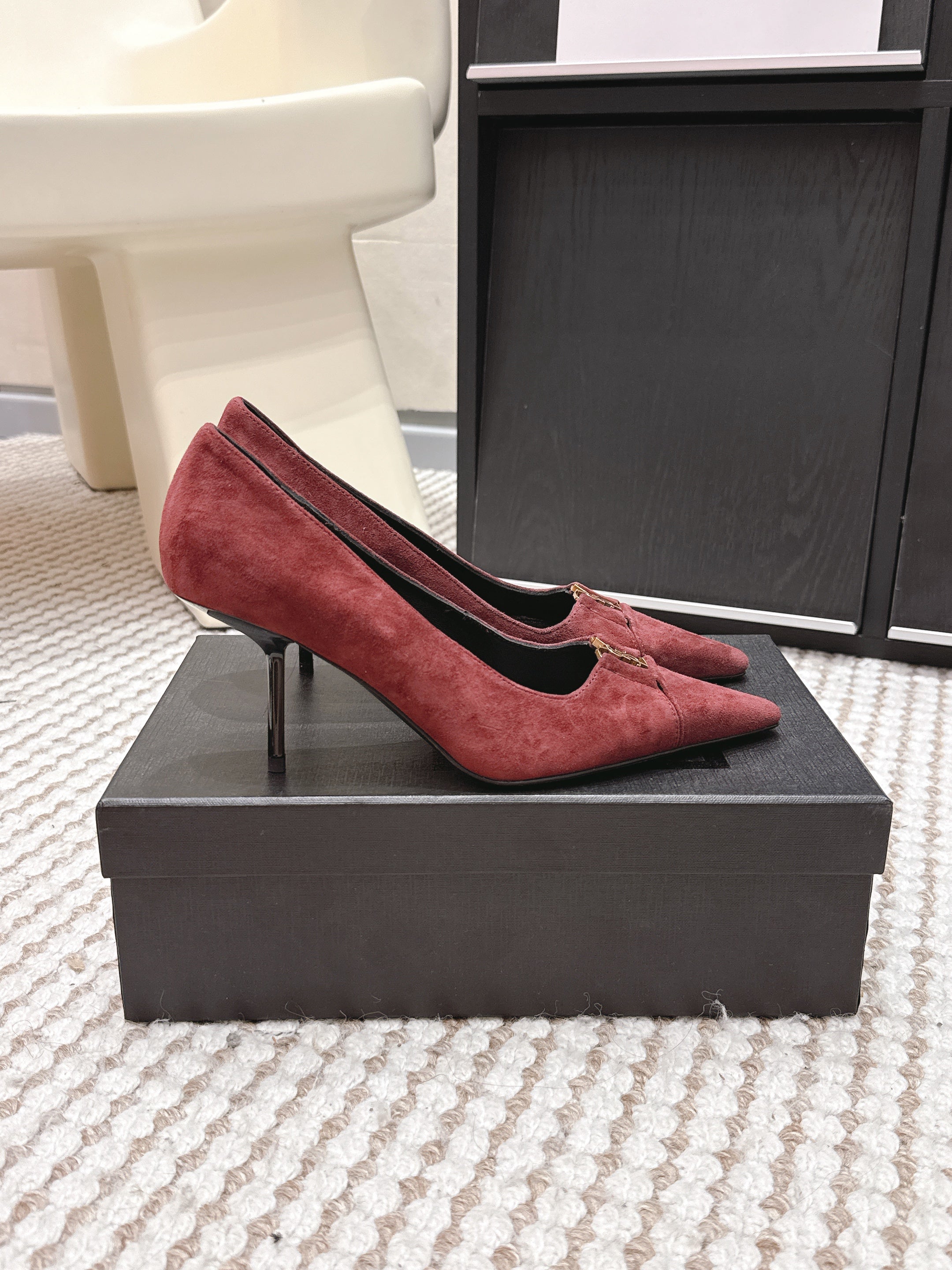 YSL 26ss High Heel Pumps 75 Burgundy Suede 654699