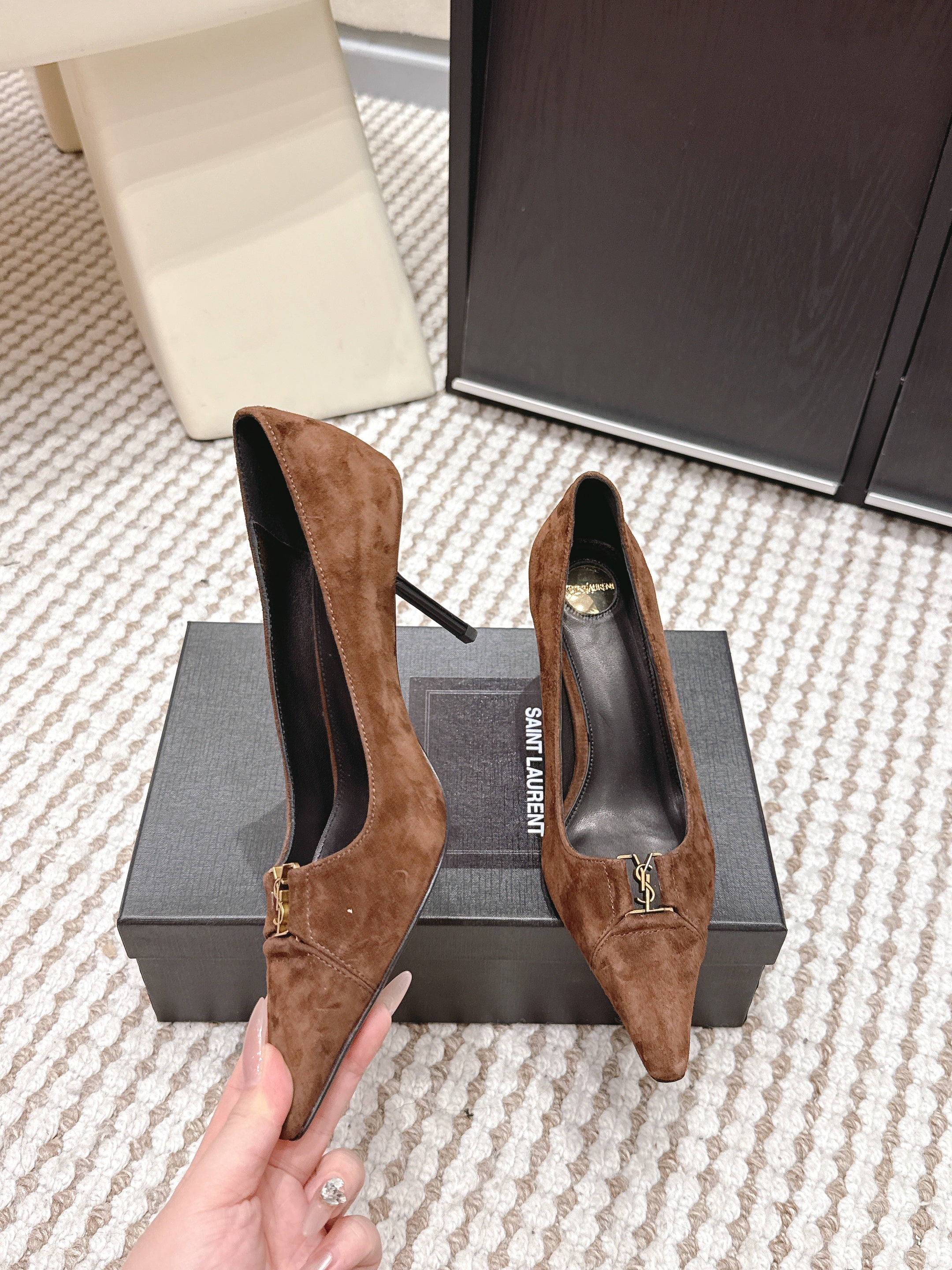 YSL 26ss High Heel Pumps 75 Brown Suede 654700