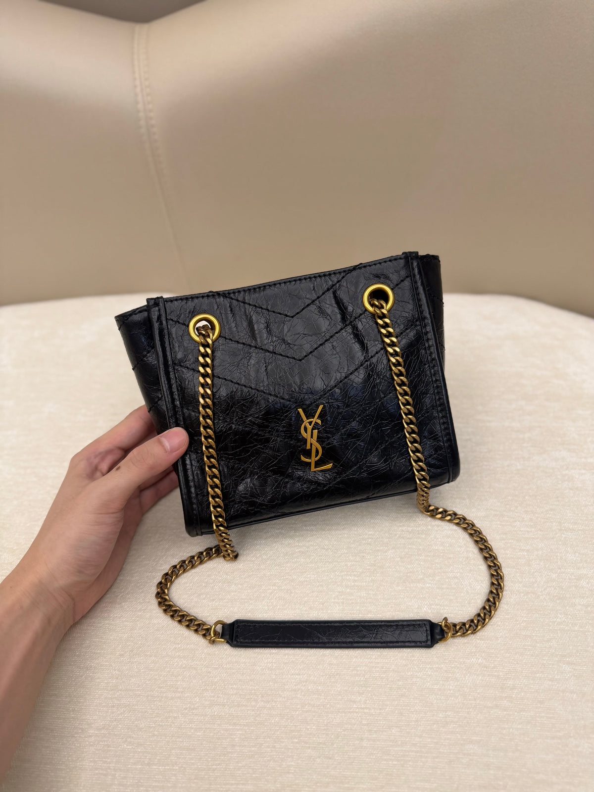 YSL 2026 Niki Mini Shopping Bag 19cm Gold Hardware Leather